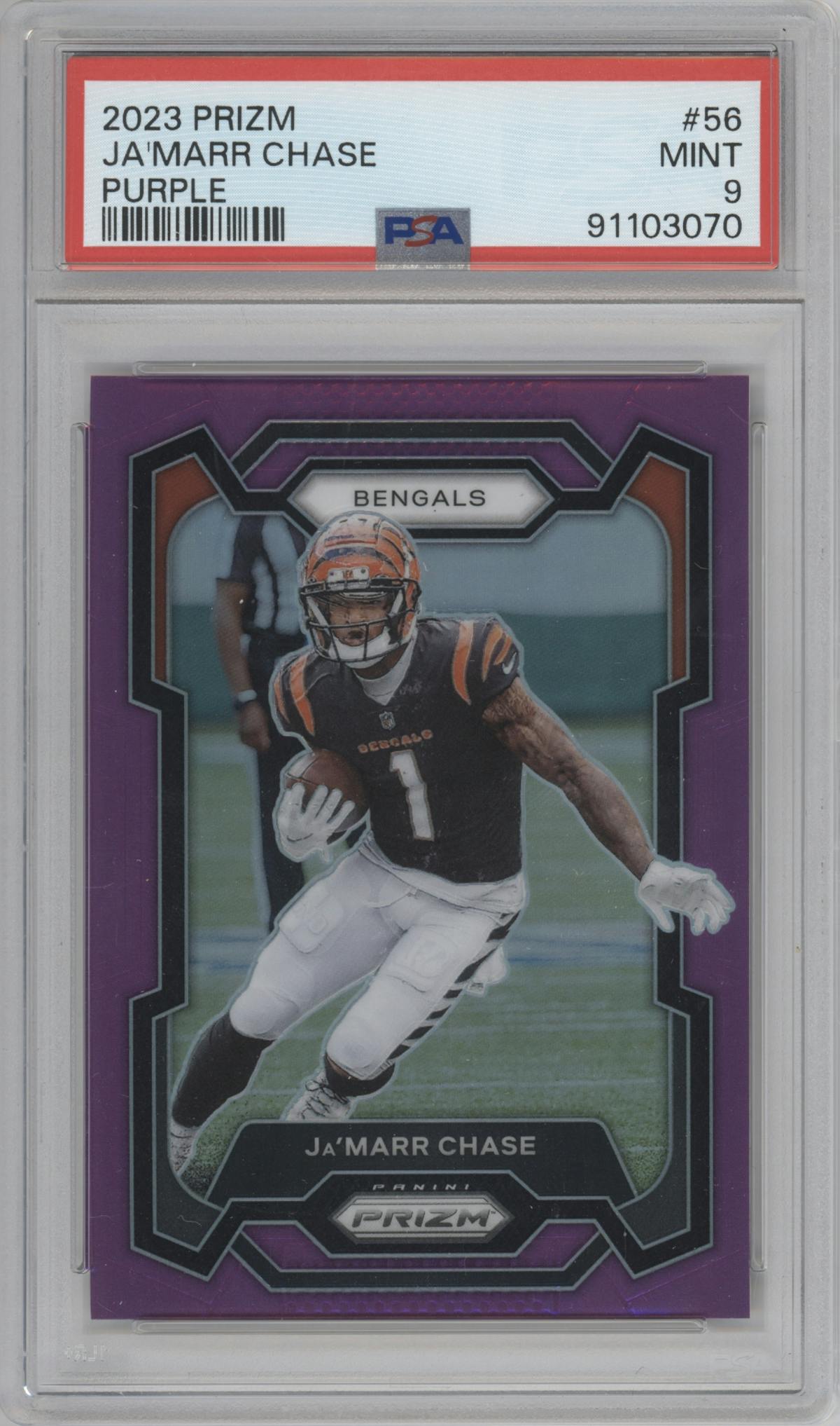 Ja'Marr Chase from the 2023 Panini Prizm set featuring a Purple Prizm parallel graded by PSA and given an overall grade of 9.