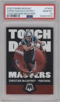 Christian McCaffrey from the 2020 Panini Mosaic set graded by PSA and given an overall grade of 10.