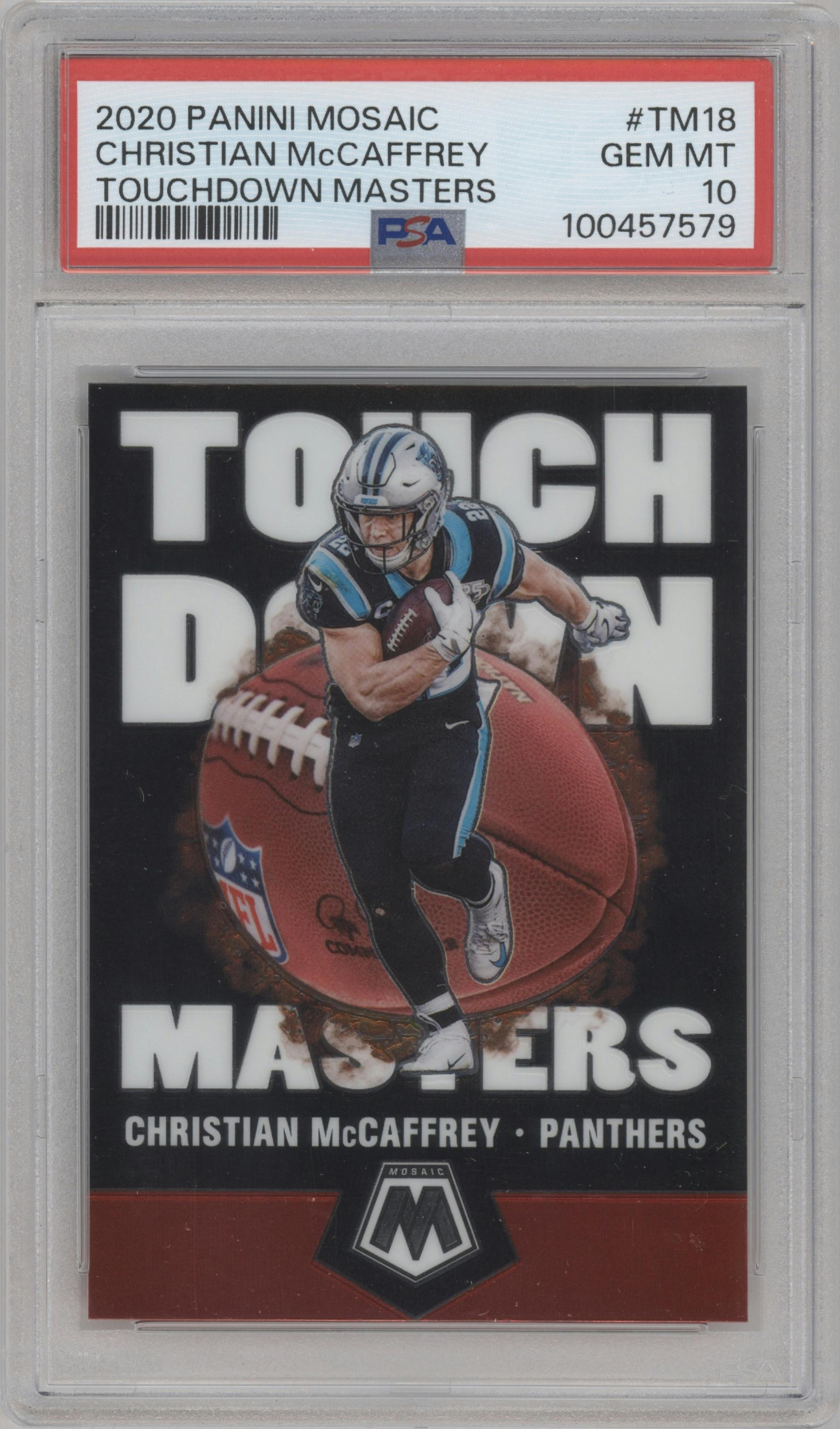 Christian McCaffrey from the 2020 Panini Mosaic set graded by PSA and given an overall grade of 10.