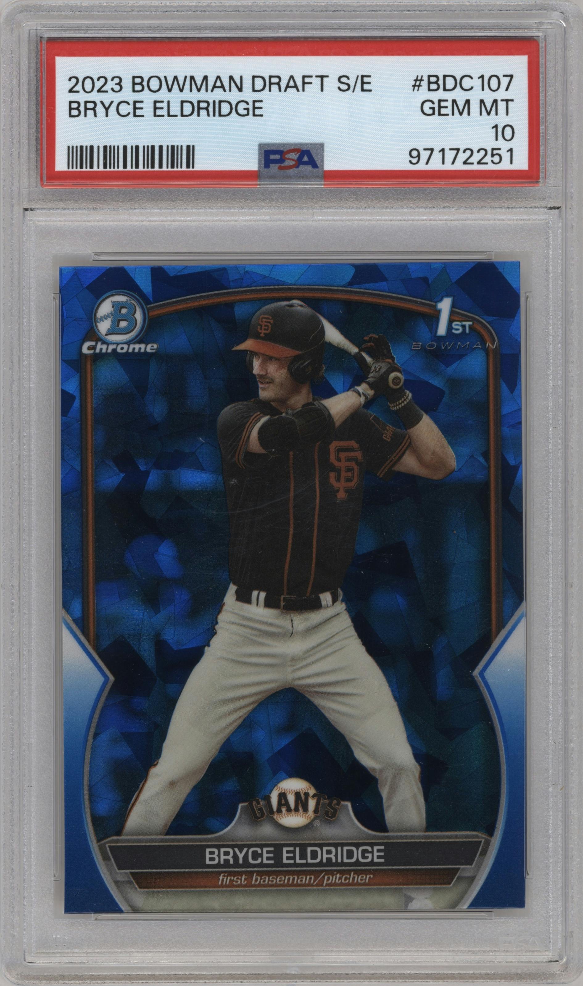 Bryce Eldridge from the 2023 Bowman Draft Sapphire set graded by PSA and given an overall grade of 10.