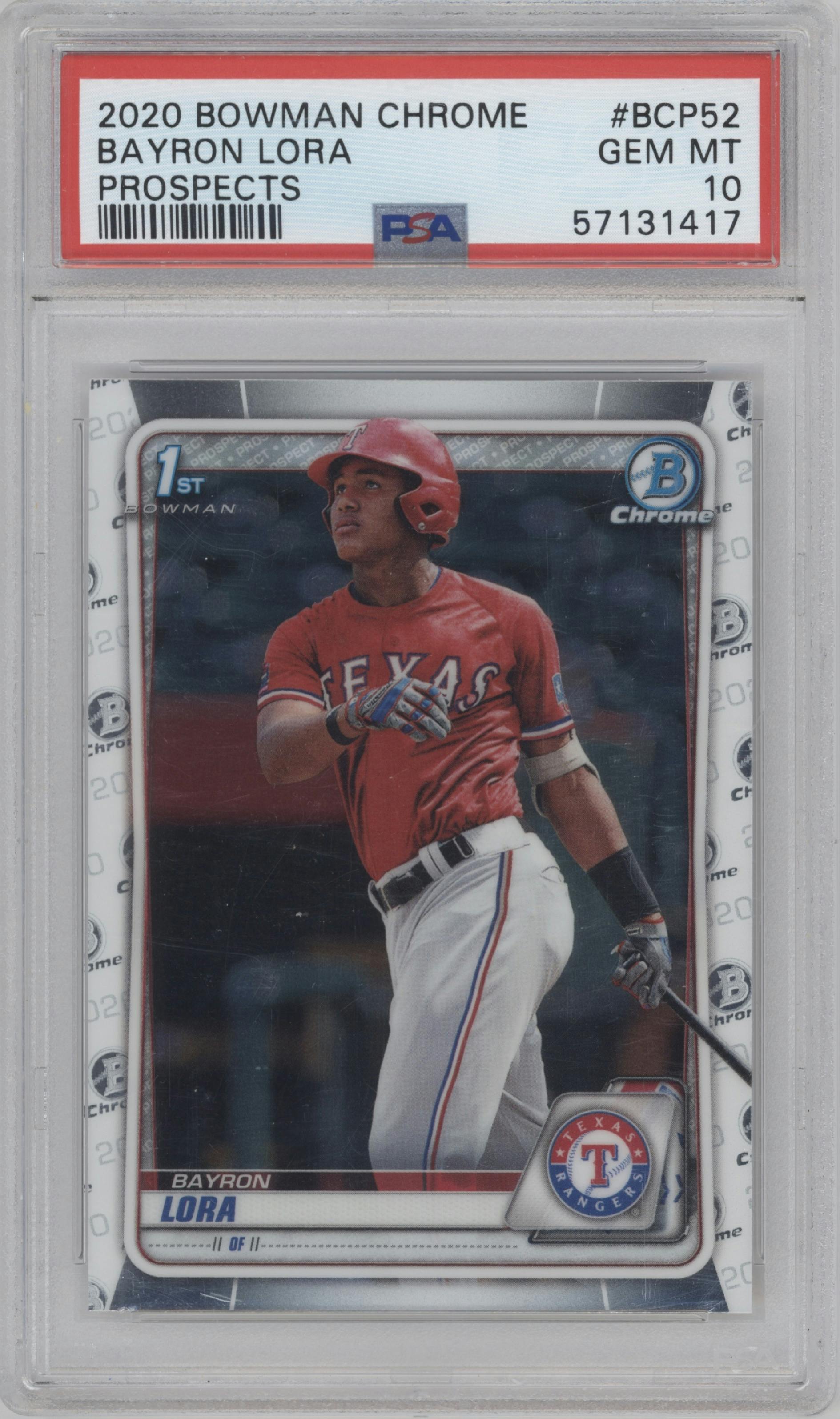 Bayron Lora from the 2020 Bowman set graded by PSA and given an overall grade of 10.