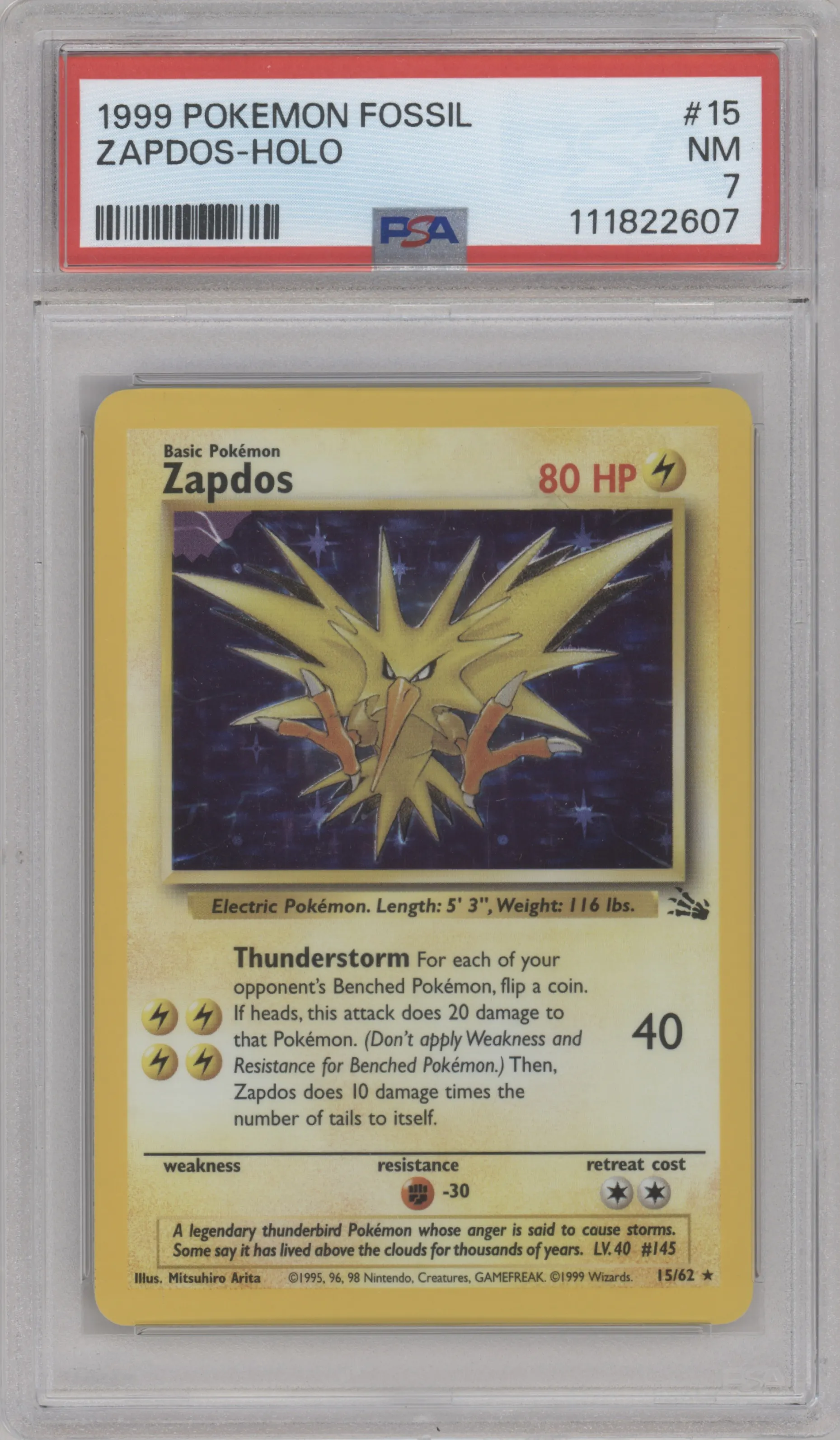 Zapdos from the 1999 Pokemon set graded by PSA and given an overall grade of 7.