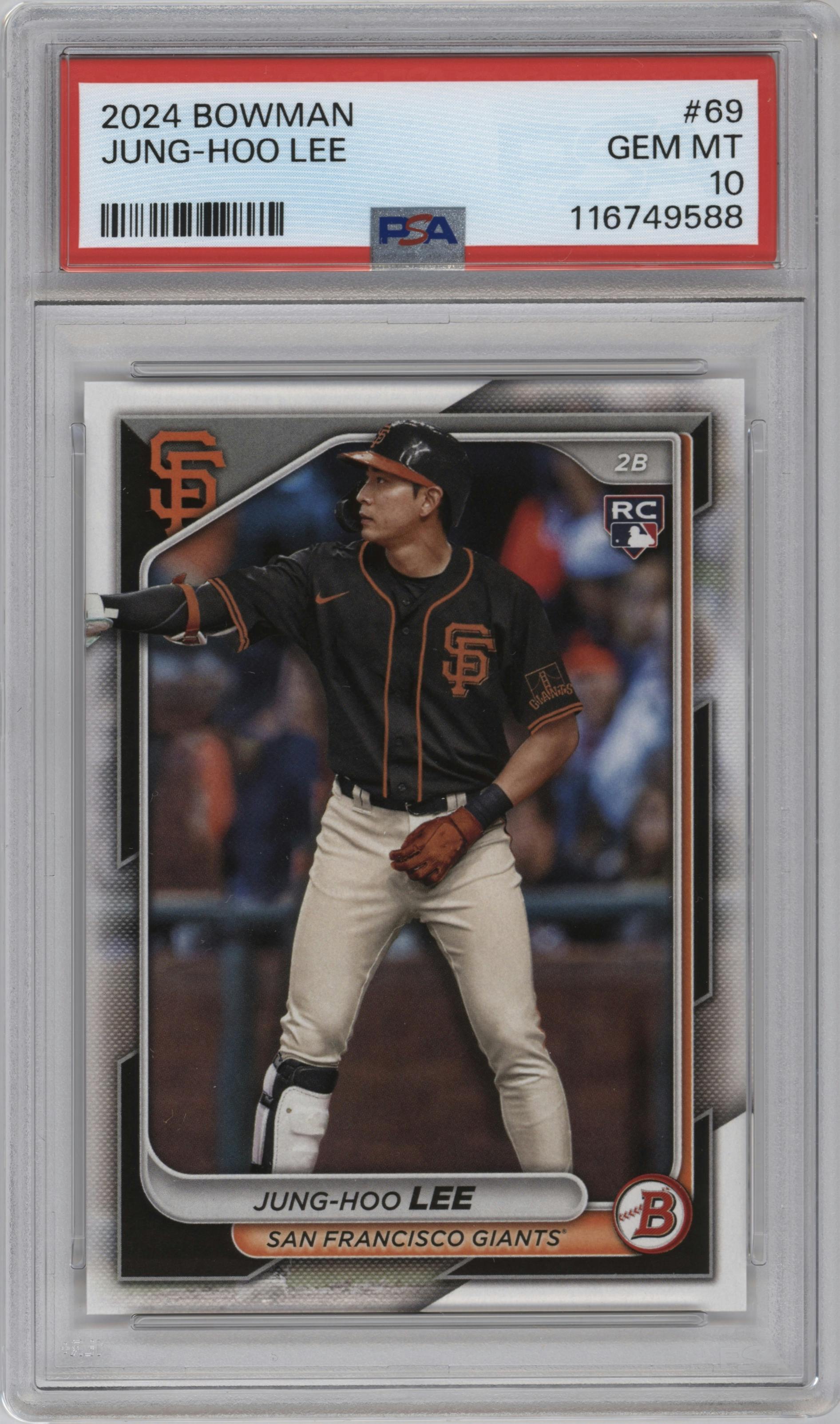 Jung-hoo Lee from the 2024 Bowman set graded by PSA and given an overall grade of 10.