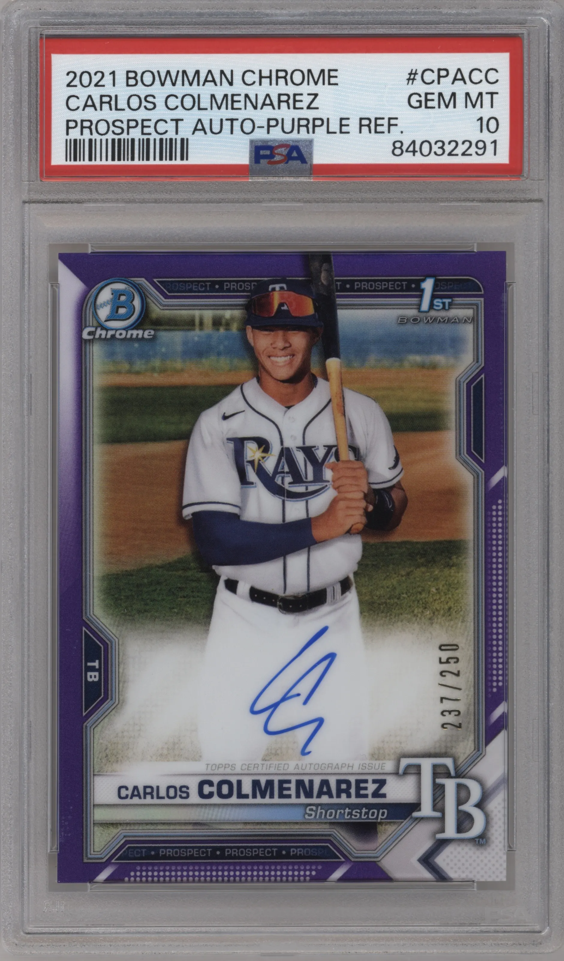 2021 Bowman Chrome Pros.Auto Carlos Colmenarez Purple Refractor PSA 10