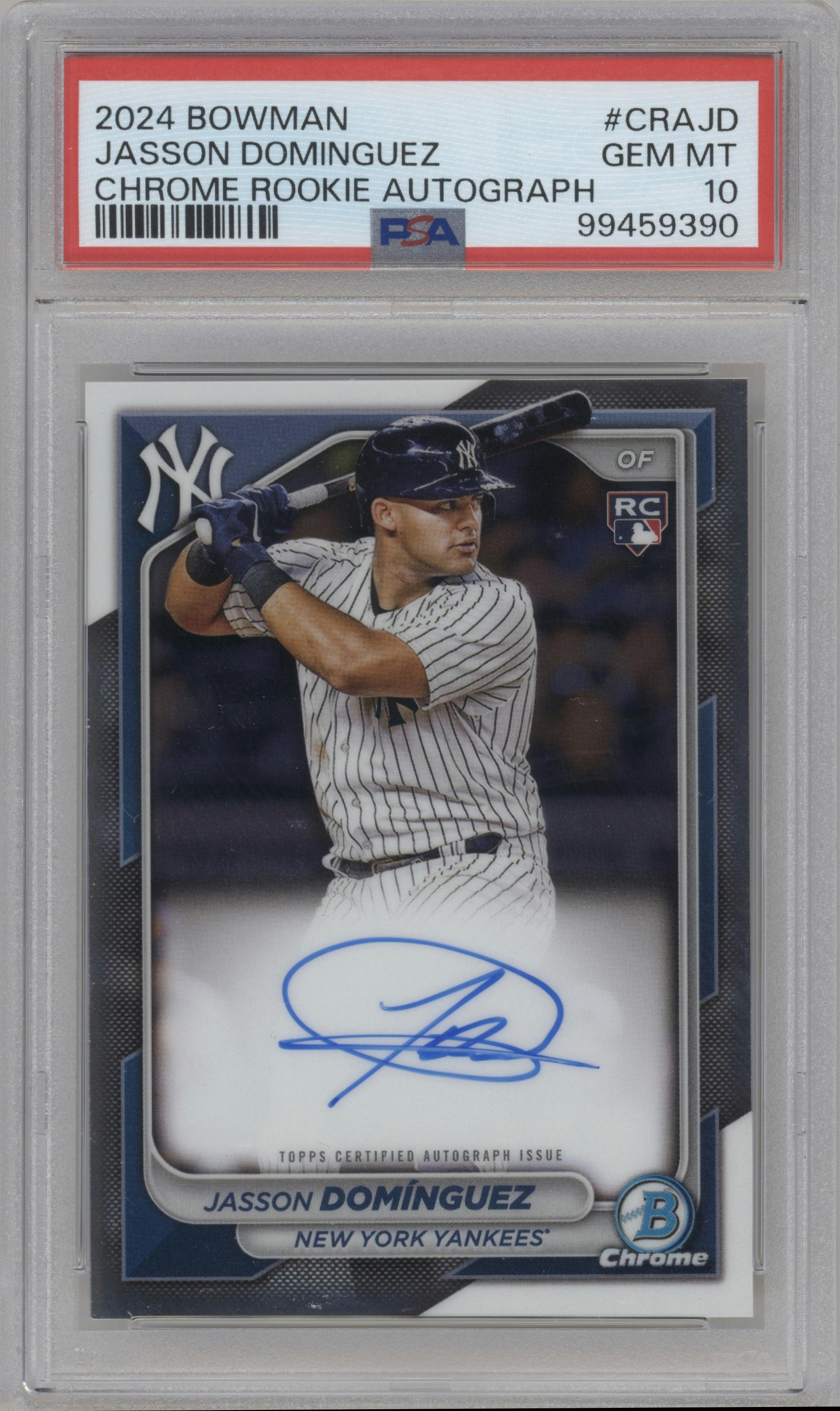 Jasson Dominguez from the 2024 Bowman set graded by PSA and given an overall grade of 10.