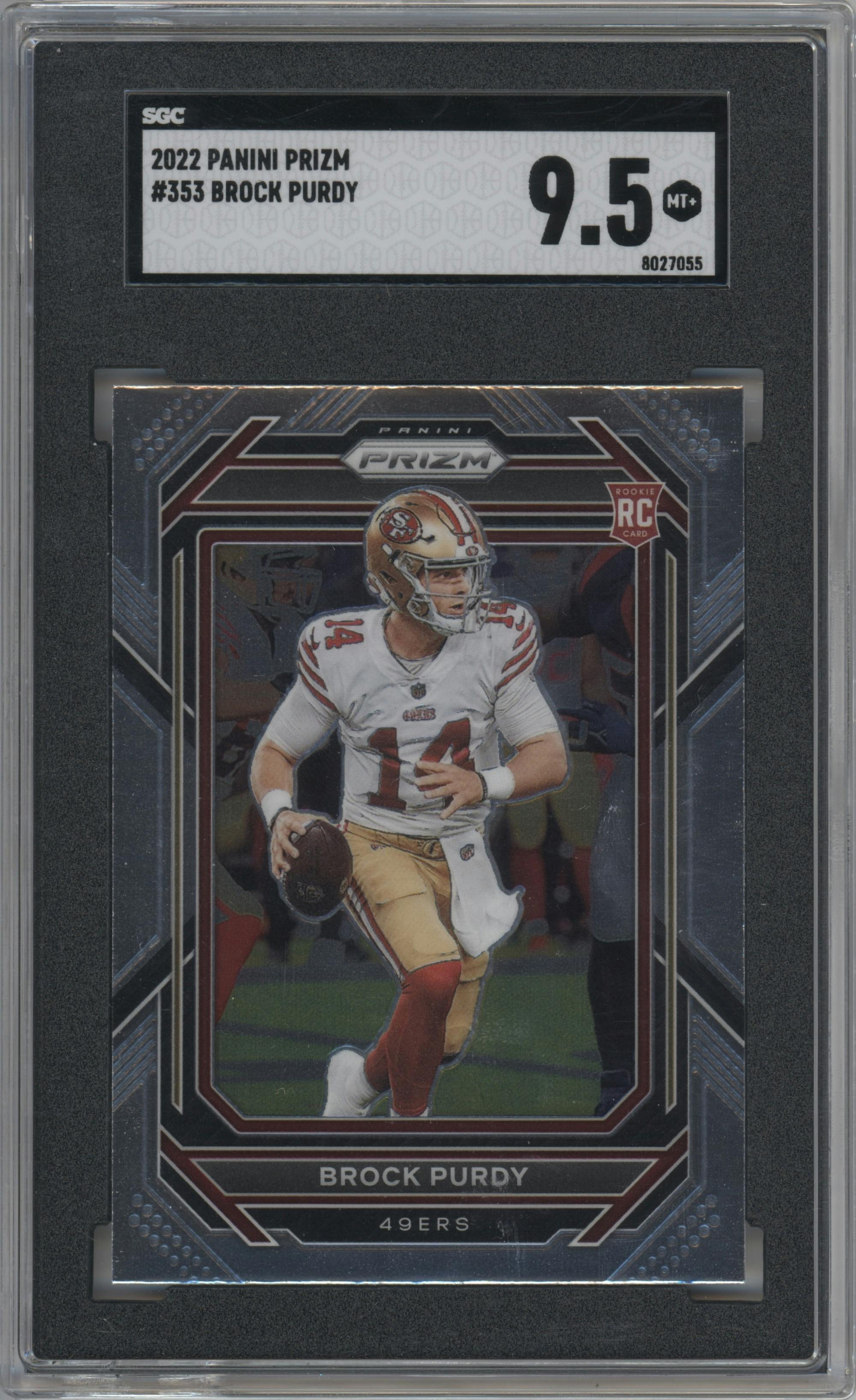 Brock Purdy from the 2022 Panini Prizm set graded by SGC and given an overall grade of 9.5.