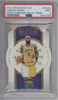 LeBron James from the 2021-22 Crown Royale set featuring a Prime parallel graded by PSA and given an overall grade of 9.