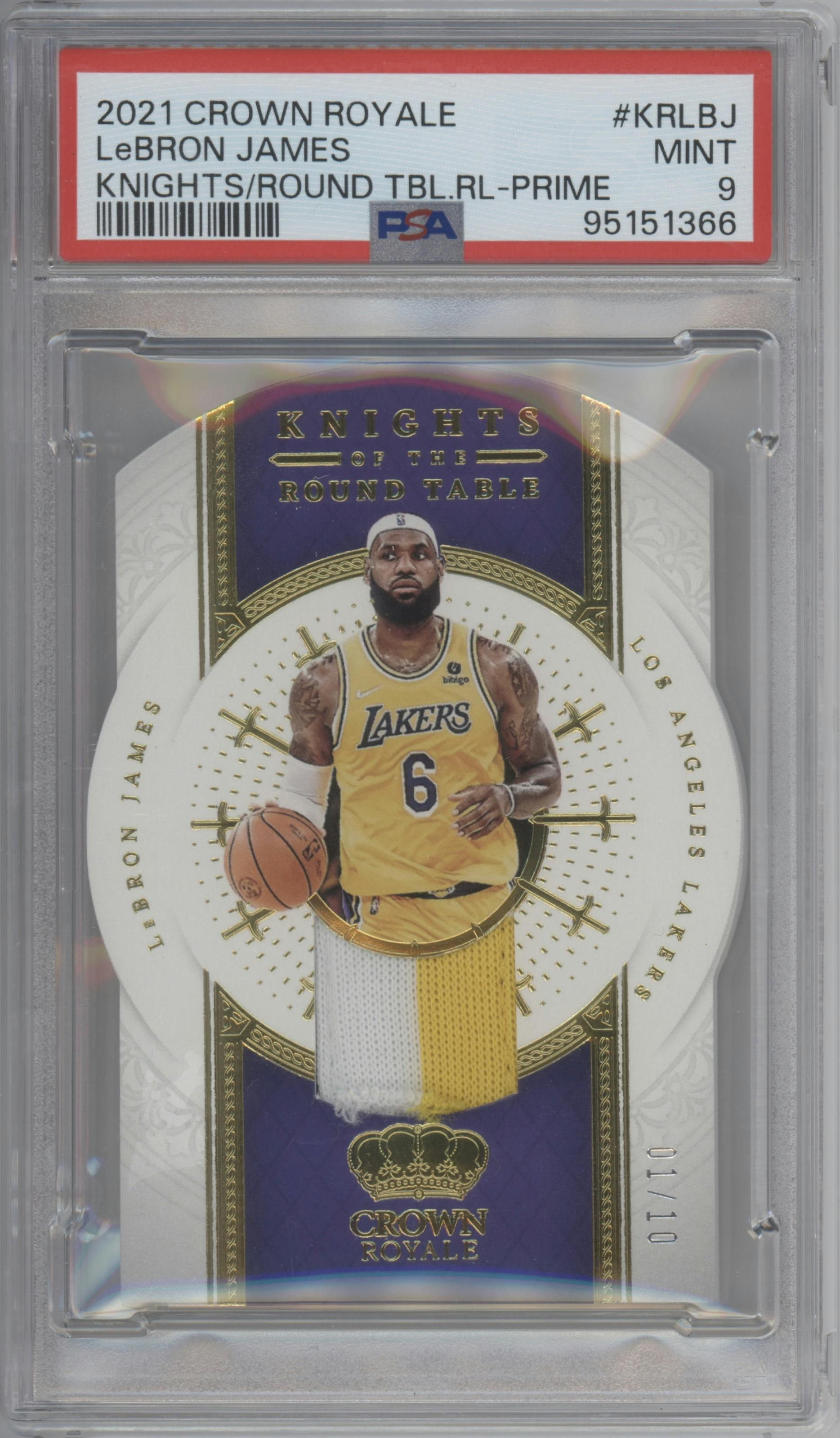 LeBron James from the 2021-22 Crown Royale set featuring a Prime parallel graded by PSA and given an overall grade of 9.