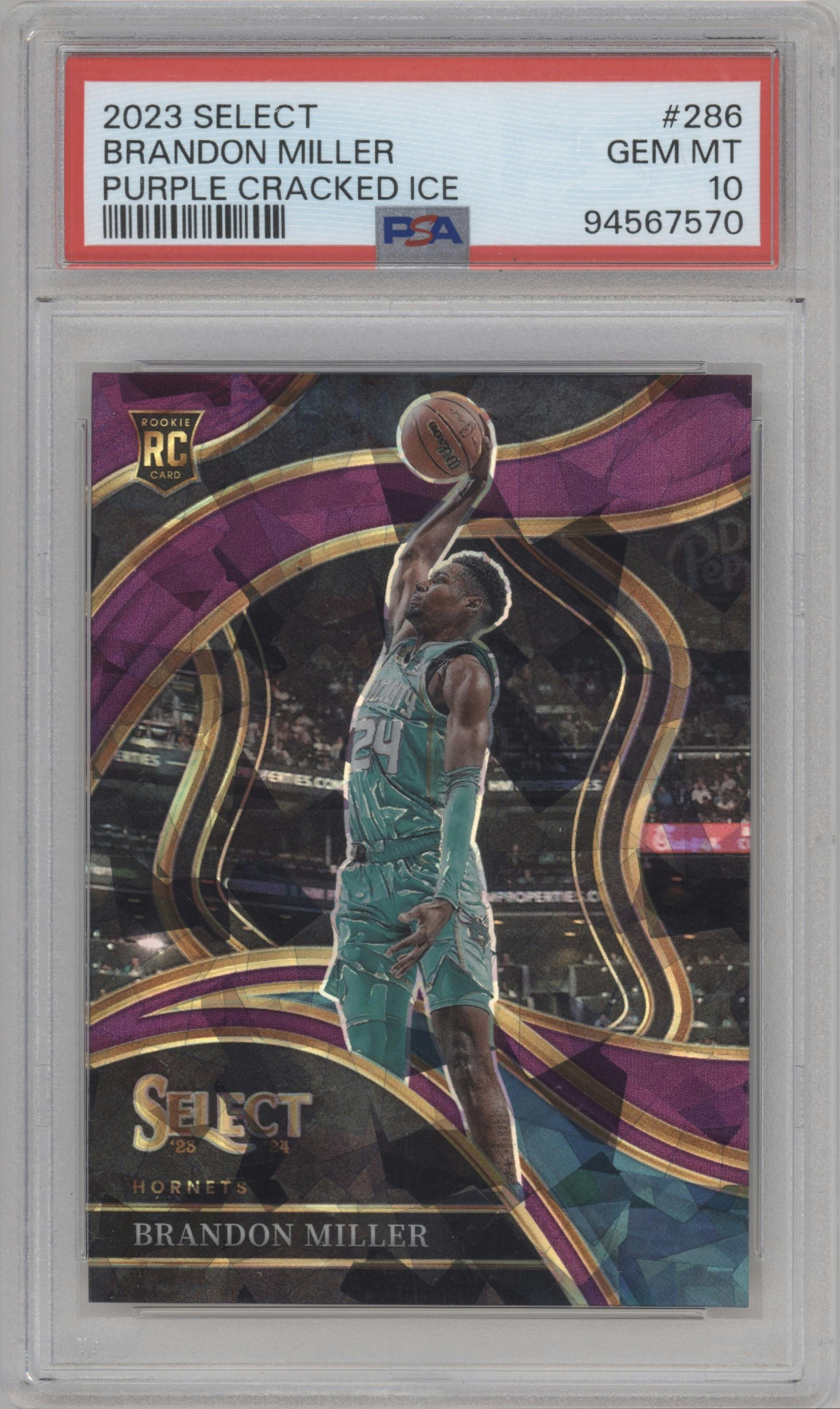 Brandon Miller from the 2023-24 Panini Select  set featuring a Purple Cracked Ice parallel graded by PSA and given an overall grade of 10.