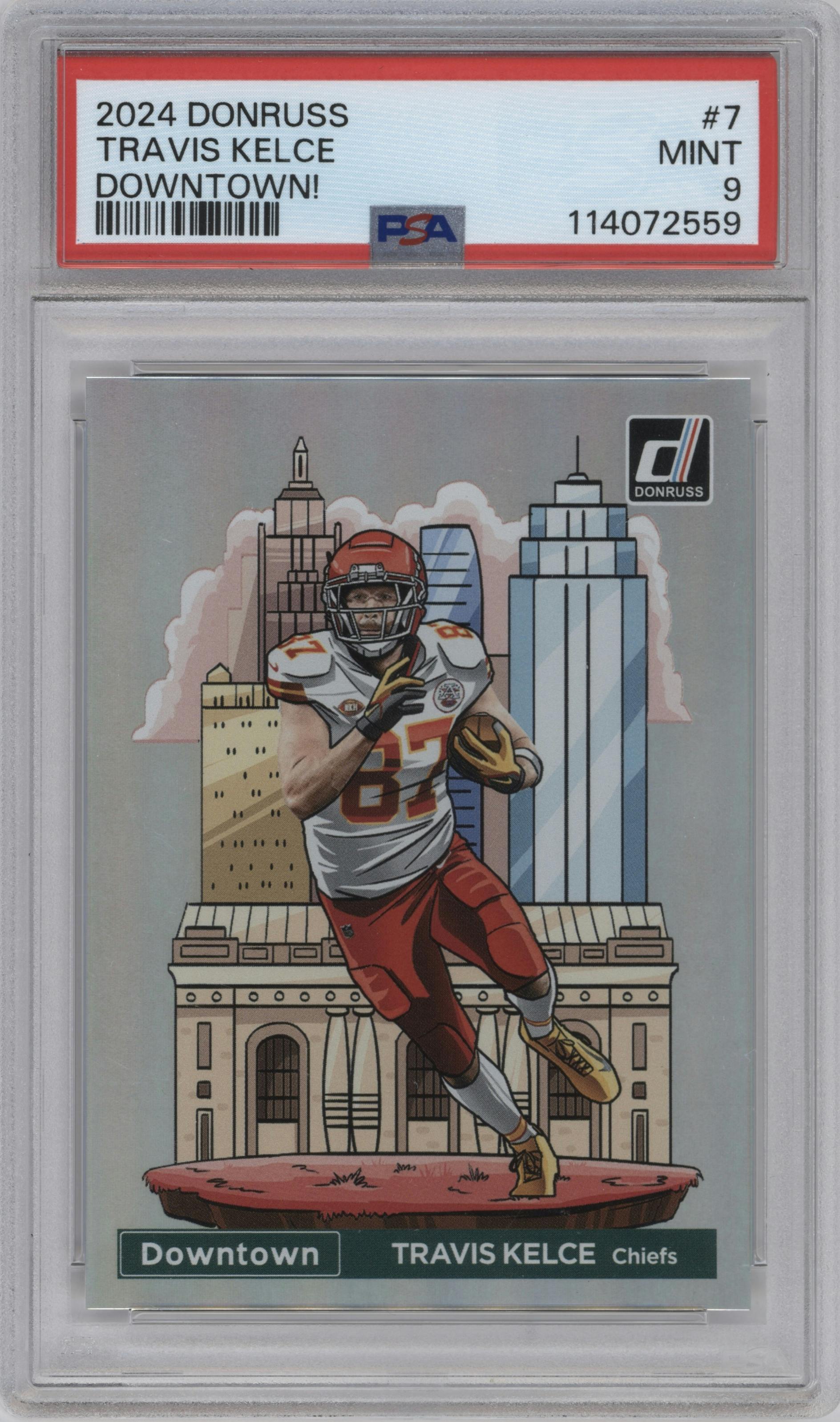 Travis Kelce from the 2024 Donruss set graded by PSA and given an overall grade of 9.