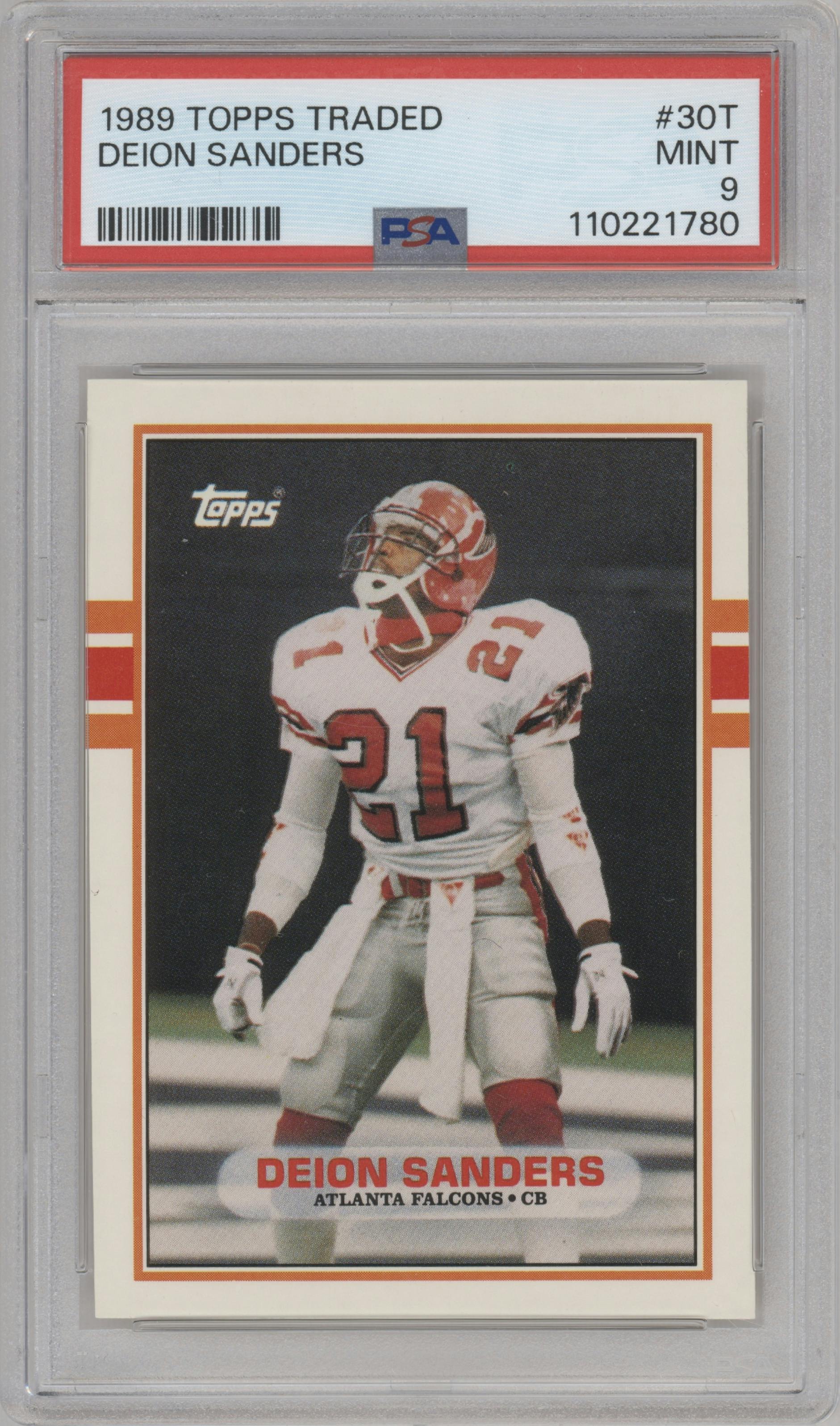 Deion Sanders from the 1989 Topps Traded set graded by PSA and given an overall grade of 9.