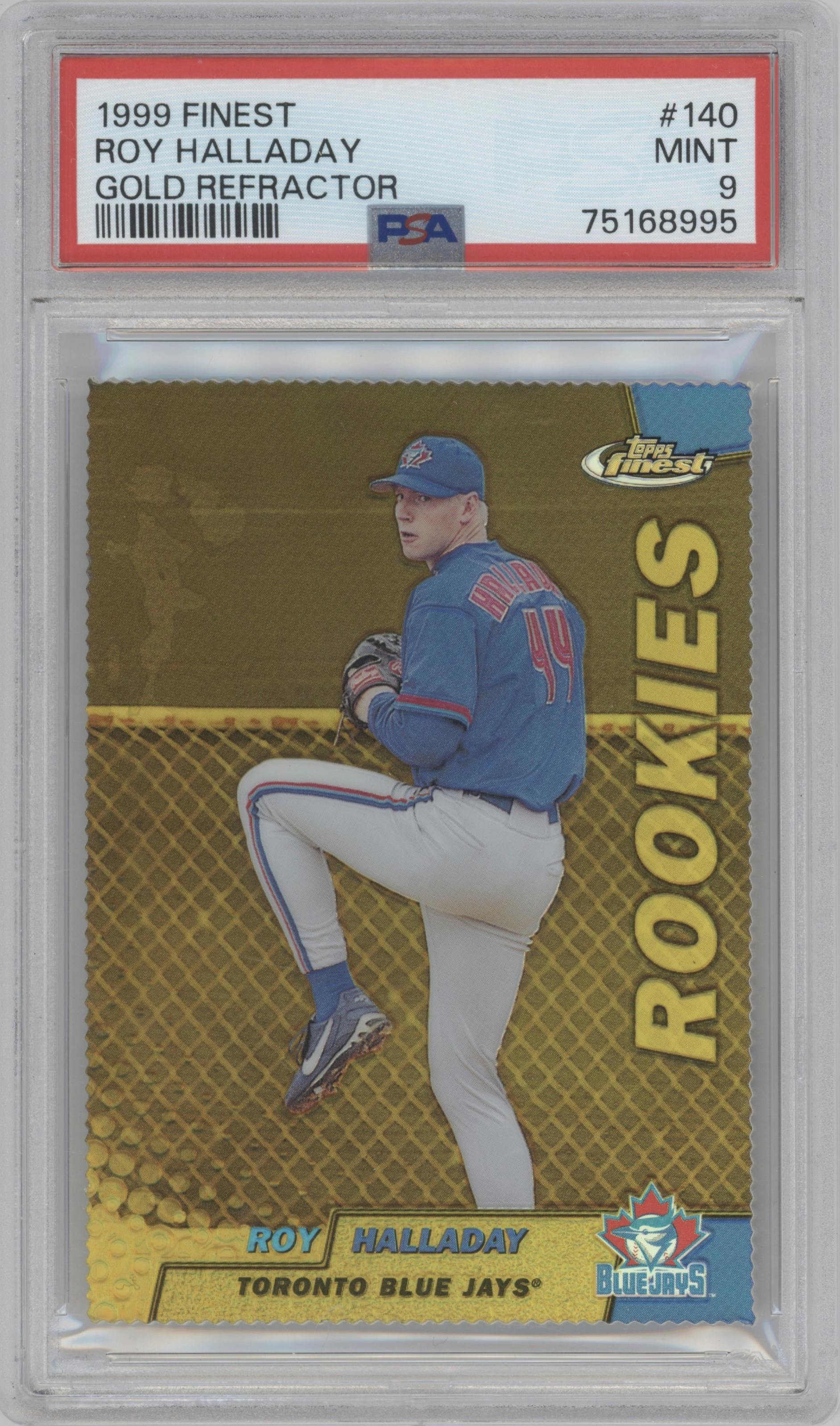 Roy Halladay from the 1999 Topps Finest set featuring a Gold Refractor parallel graded by PSA and given an overall grade of 9.