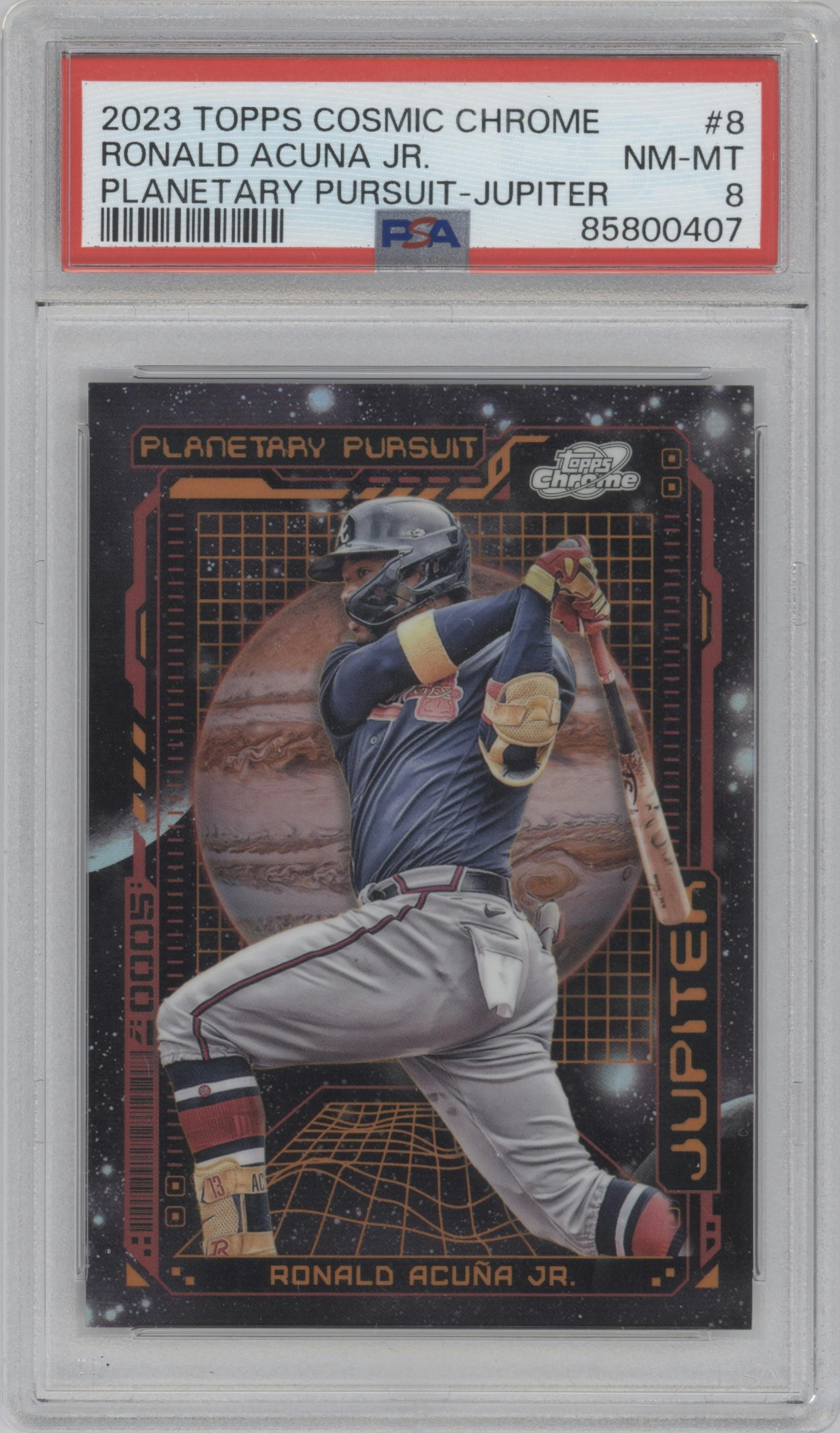 Ronald Acuna Jr. from the 2023 Topps Cosmic Chrome set graded by PSA and given an overall grade of 8.