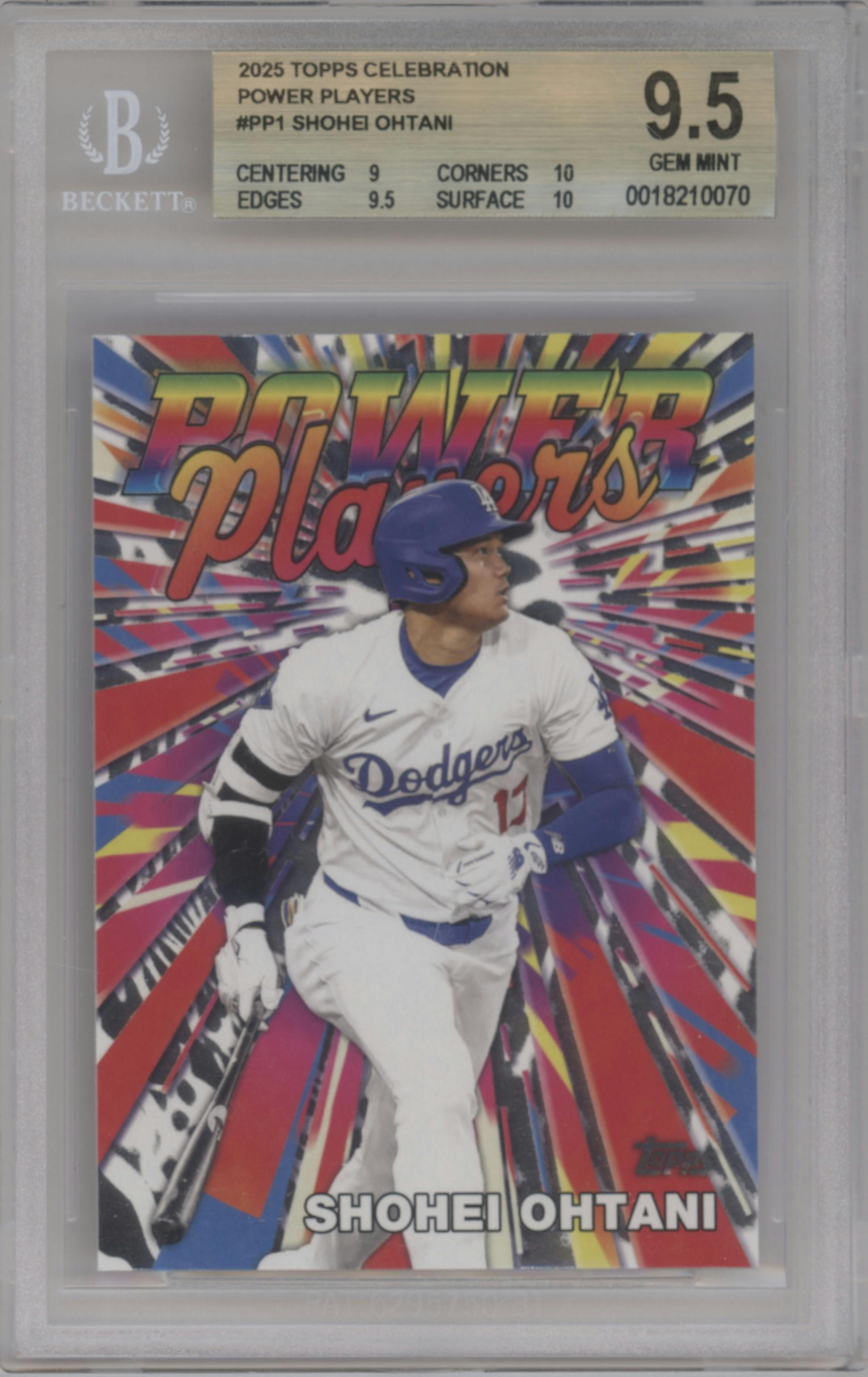 Shohei Ohtani from the 2025 Topps set graded by Beckett and given an overall grade of 9.5.