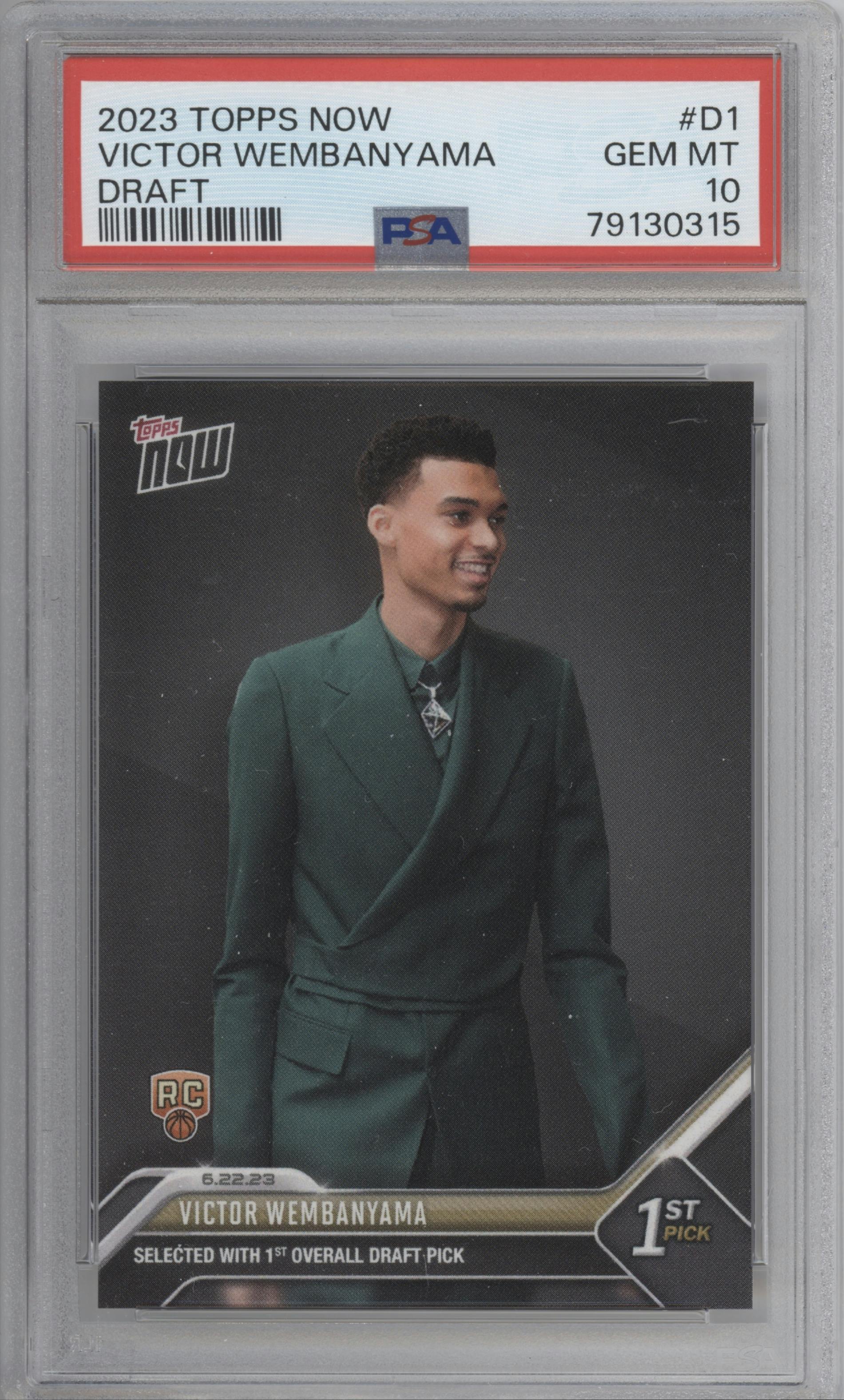 Victor Wembanyama from the 2023 Topps Now
 set graded by PSA and given an overall grade of 10.