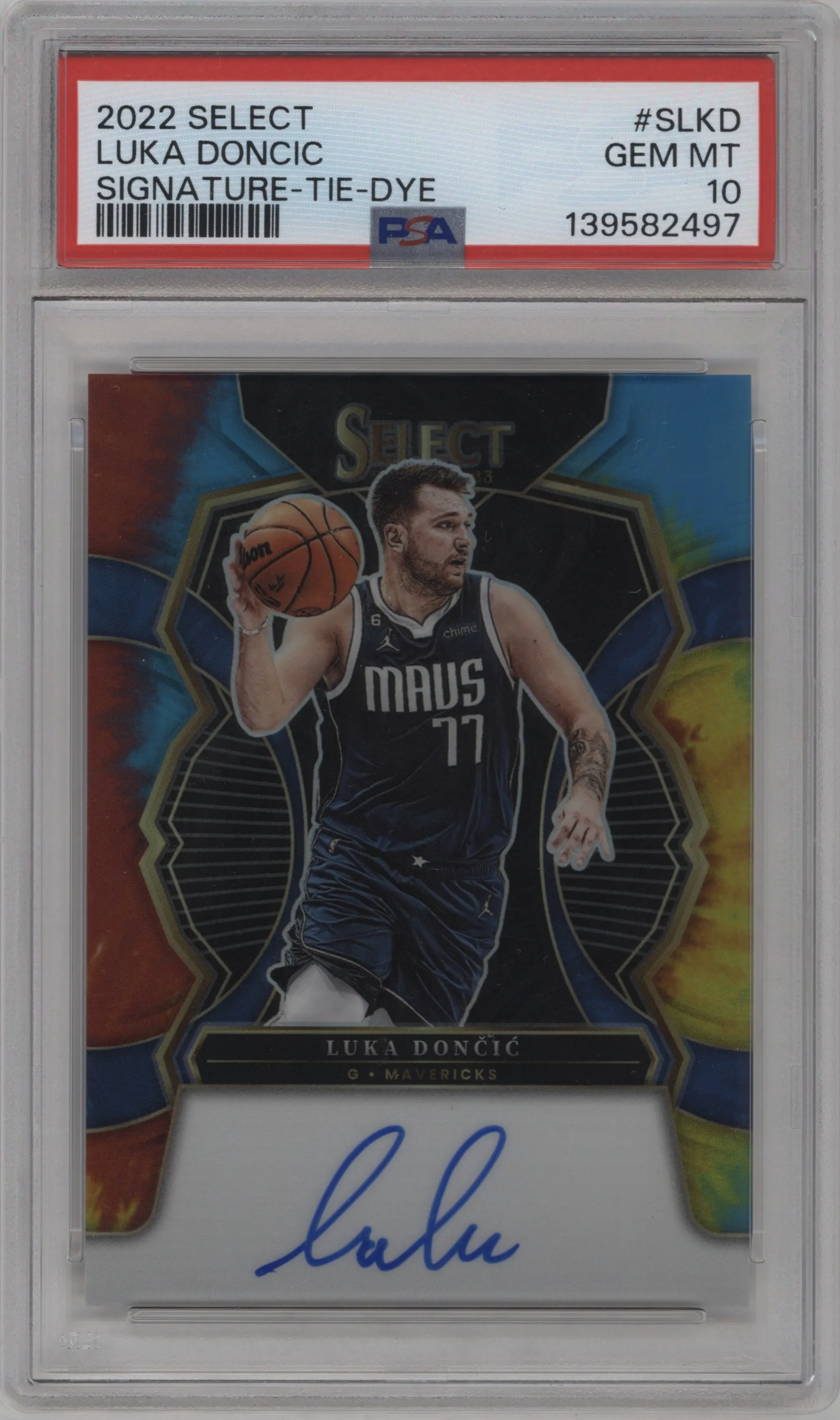 Luka Doncic from the 2022-23 Panini Select set featuring a Tie-Dye parallel graded by PSA and given an overall grade of 10.