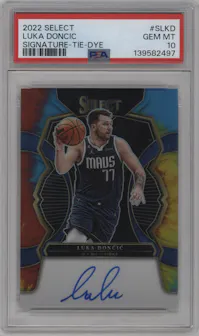 Luka Doncic from the 2022-23 Panini Select set featuring a Tie-Dye parallel graded by PSA and given an overall grade of 10.