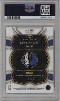 Luka Doncic from the 2022-23 Panini Select set featuring a Tie-Dye parallel graded by PSA and given an overall grade of 10.