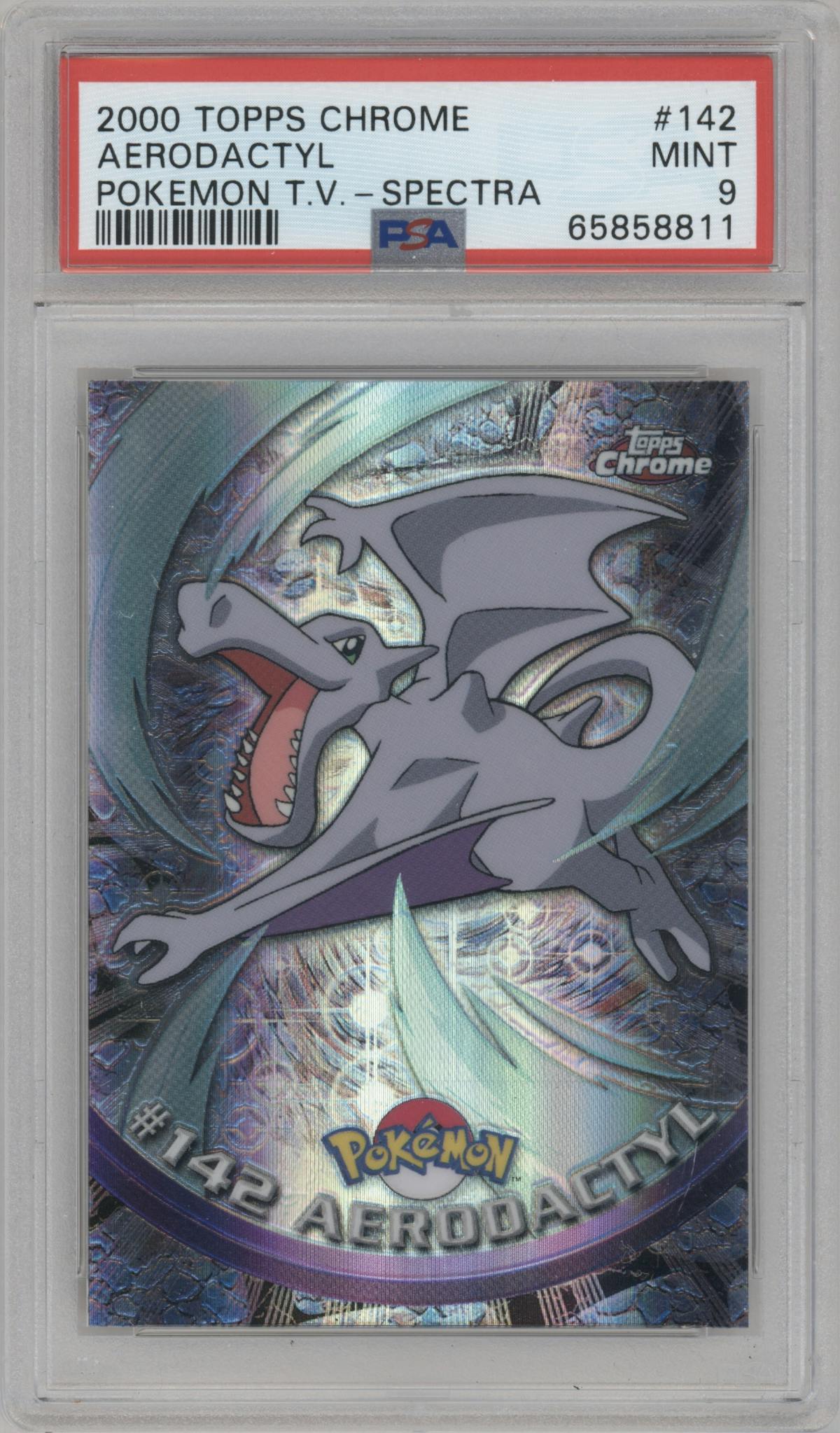 Aerodactyl from the 2000 Topps Chrome set featuring a Spectra parallel graded by PSA and given an overall grade of 9.