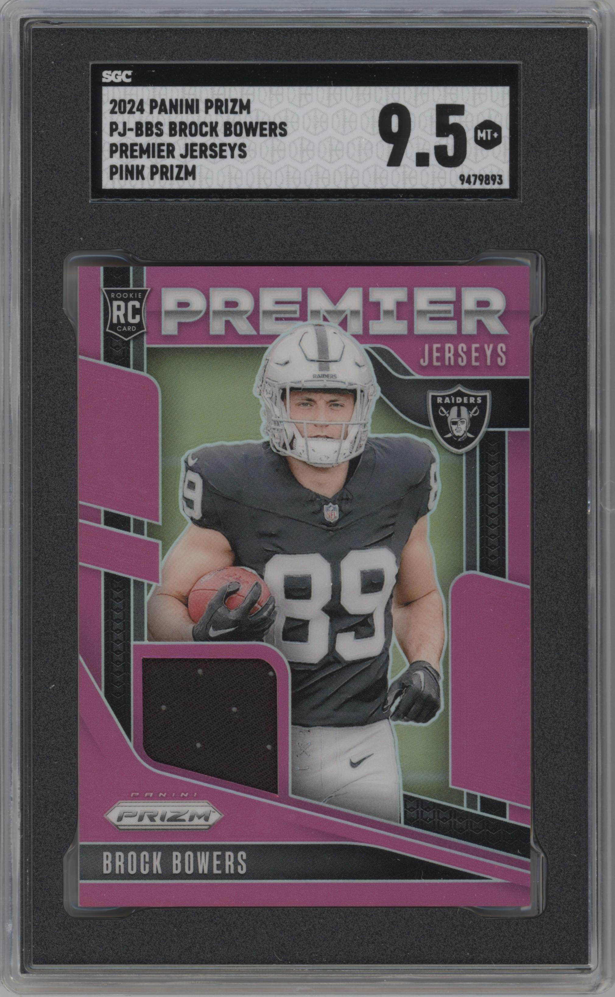 Brock Bowers from the 2024 Panini Prizm set featuring a Pink parallel graded by SGC and given an overall grade of 9.5.