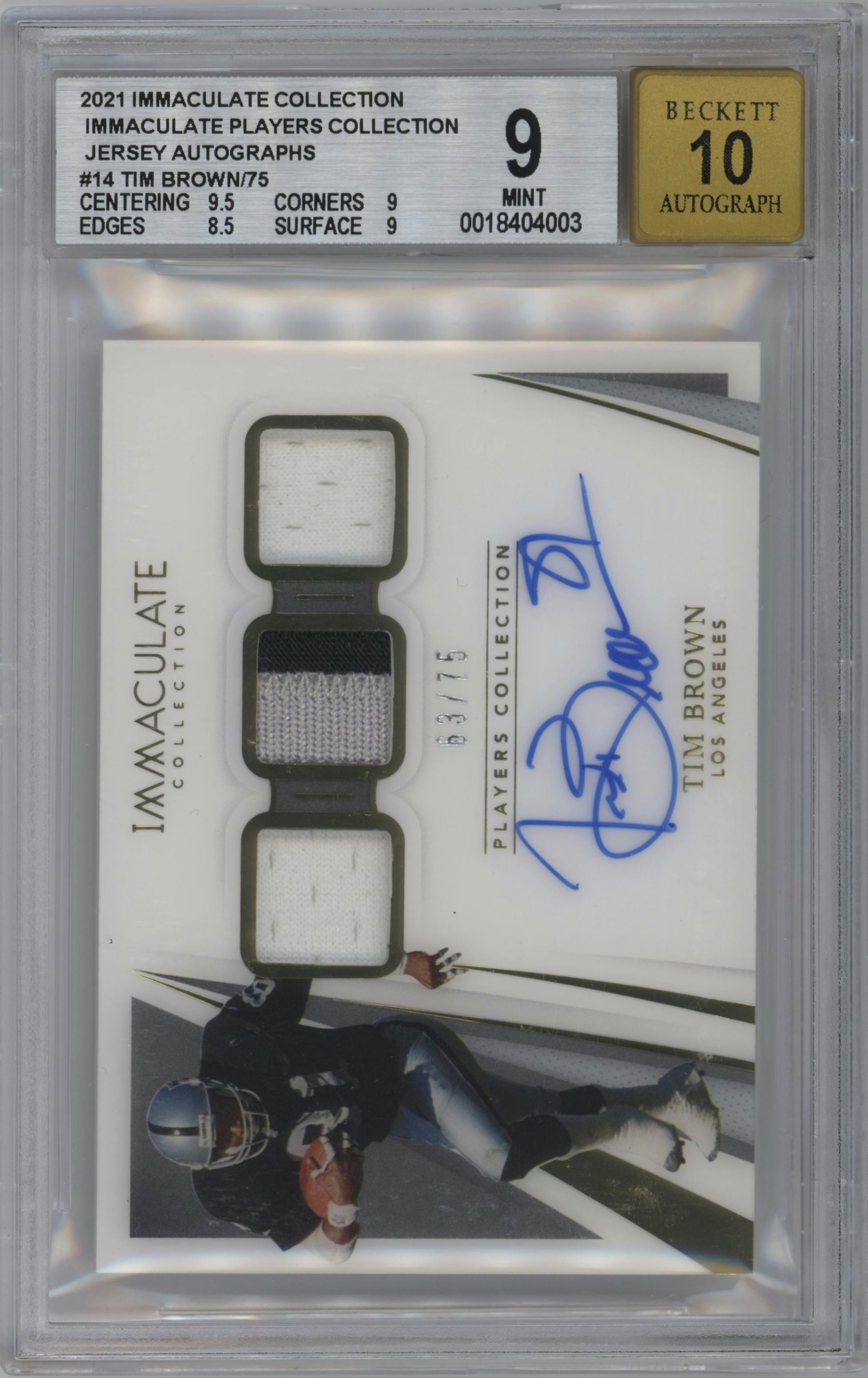 Tim Brown from the 2021 Panini Immaculate Collection set graded by Beckett and given an overall grade of 9.