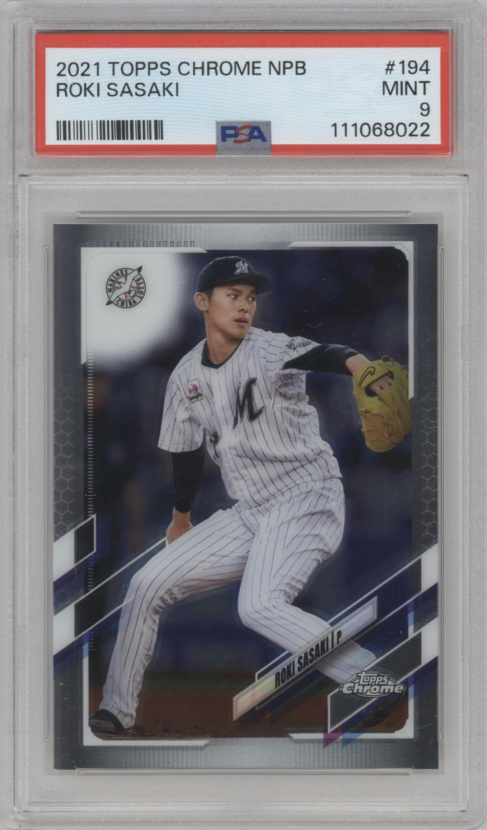 Roki Sasaki from the 2021 Topps Chrome Nippon Professional set graded by PSA and given an overall grade of 9.