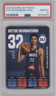 Victor Wembanyama from the 2023 Slam Deck Team France set graded by PSA and given an overall grade of 10.