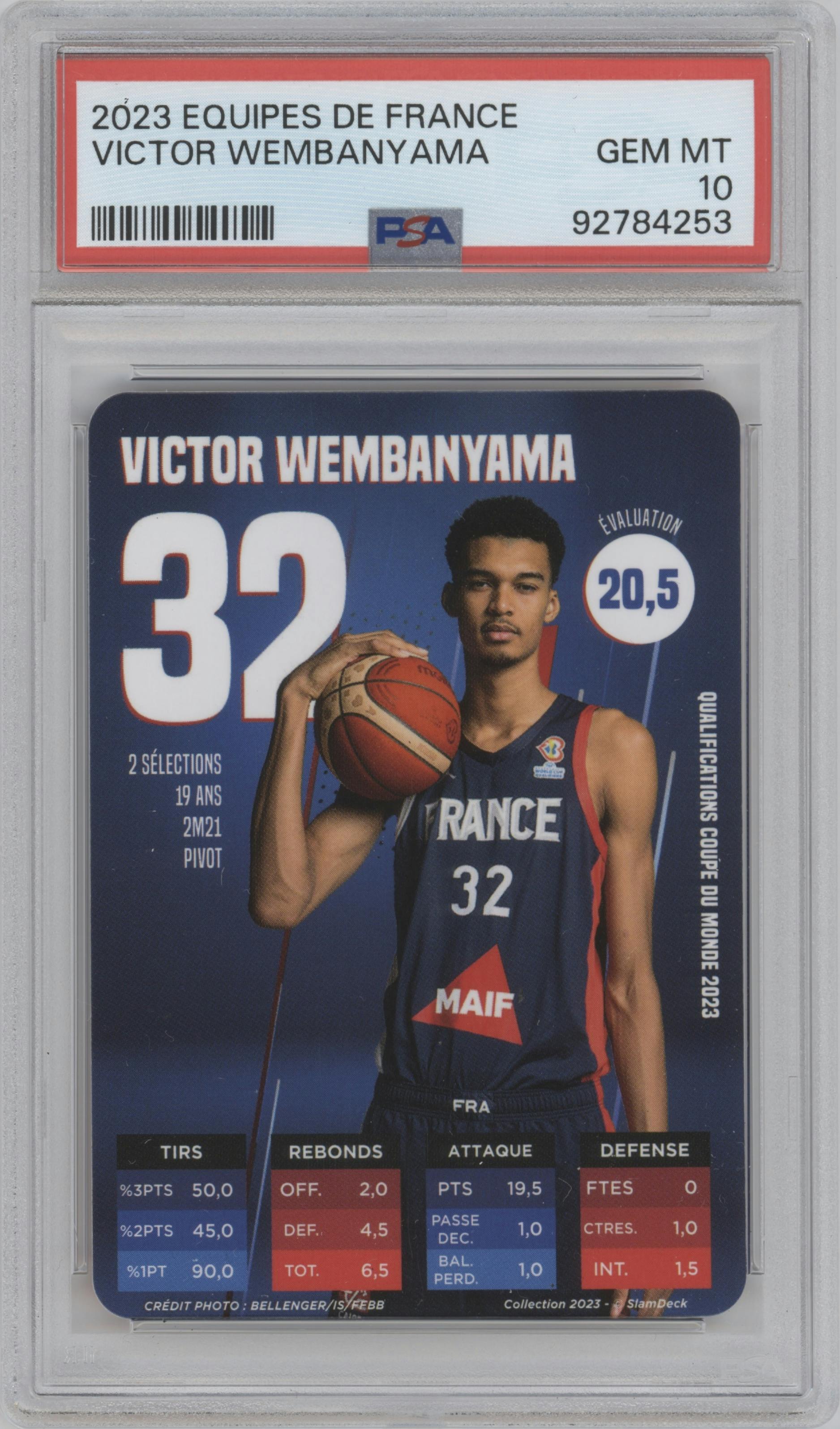 Victor Wembanyama from the 2023 Slam Deck Team France set graded by PSA and given an overall grade of 10.