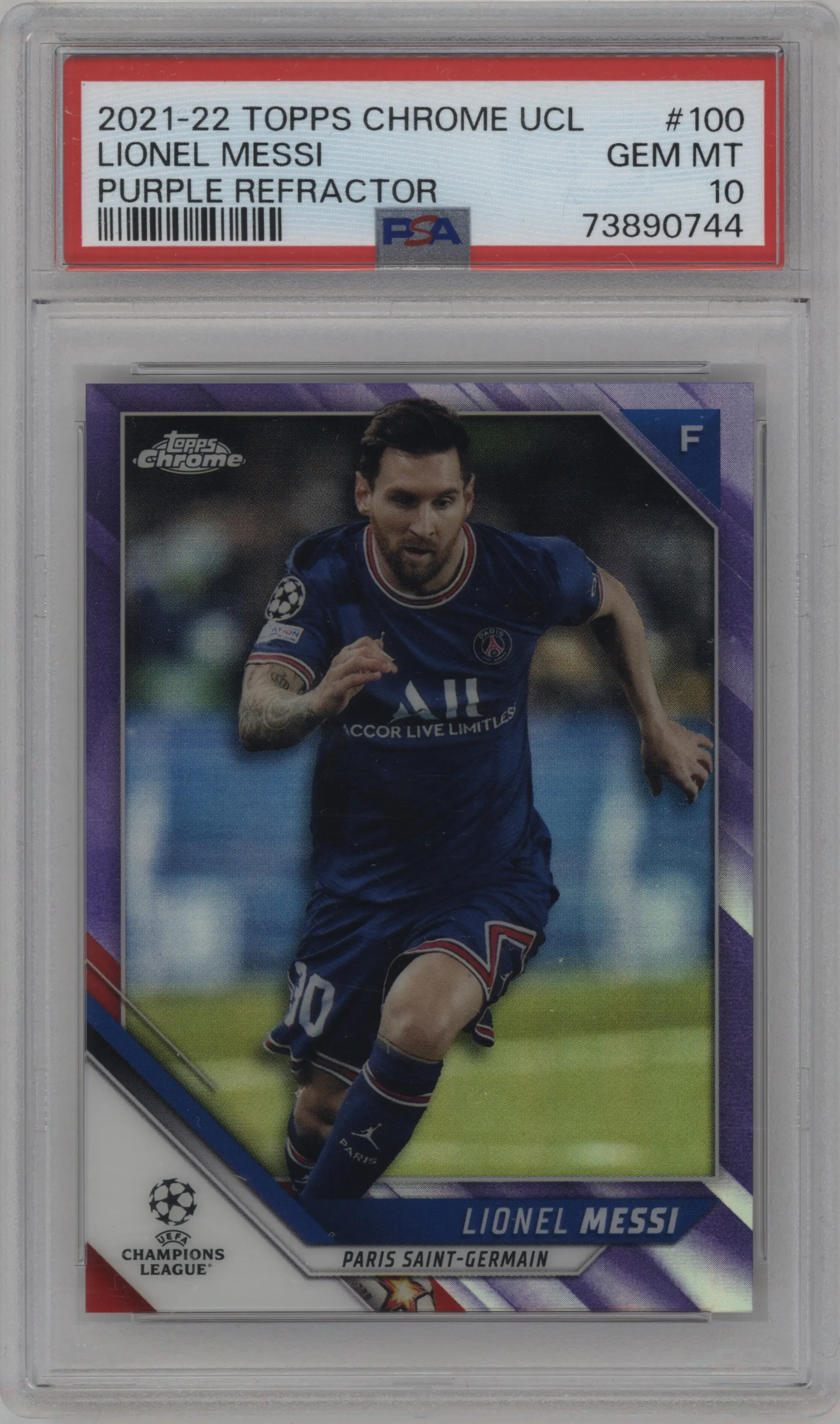 2021 Topps Chrome UEFA Champions League Lionel Messi Purple Refractor #100 PSA 10