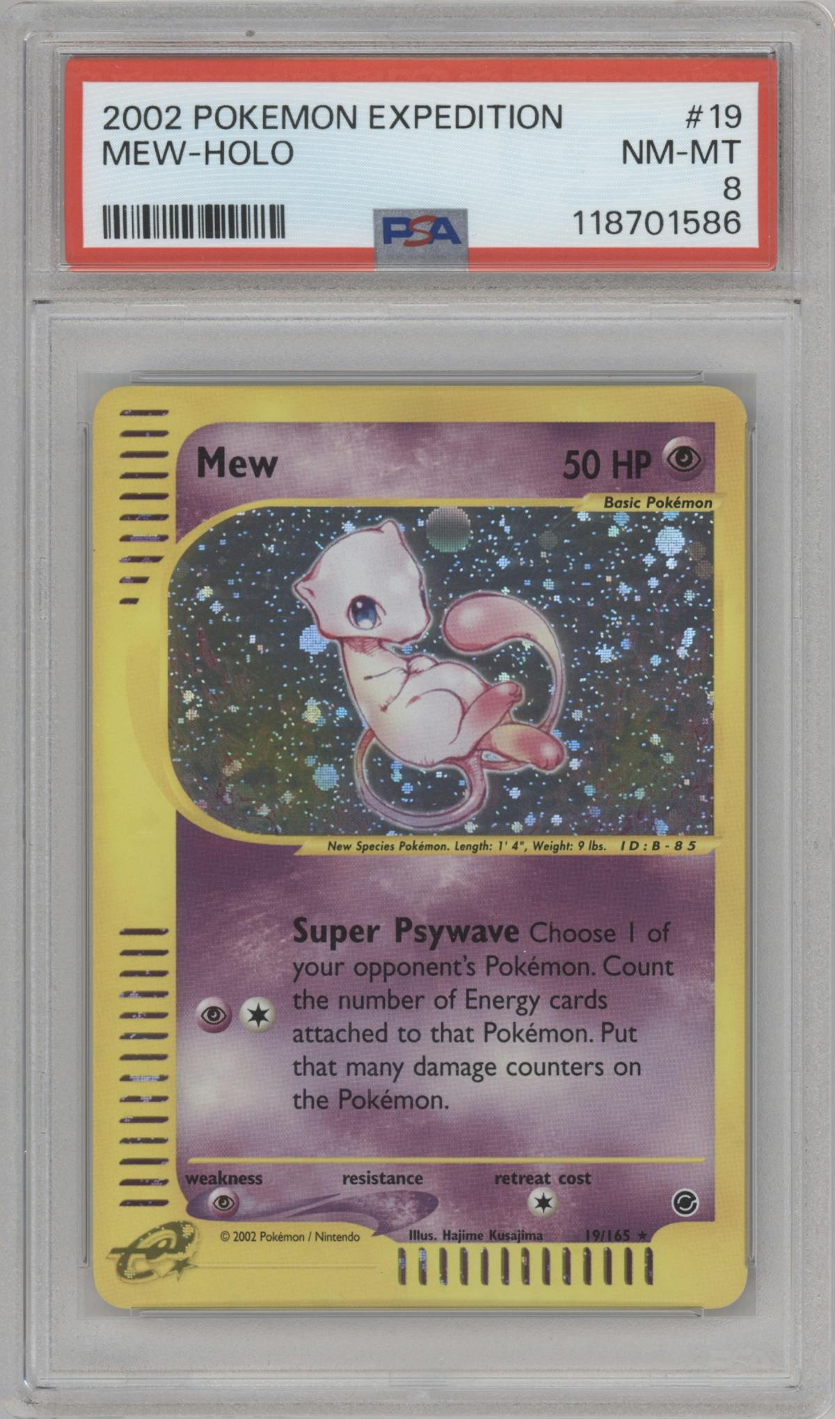 Mew from the 2002 Pokemon E-CARD set graded by PSA and given an overall grade of 8.