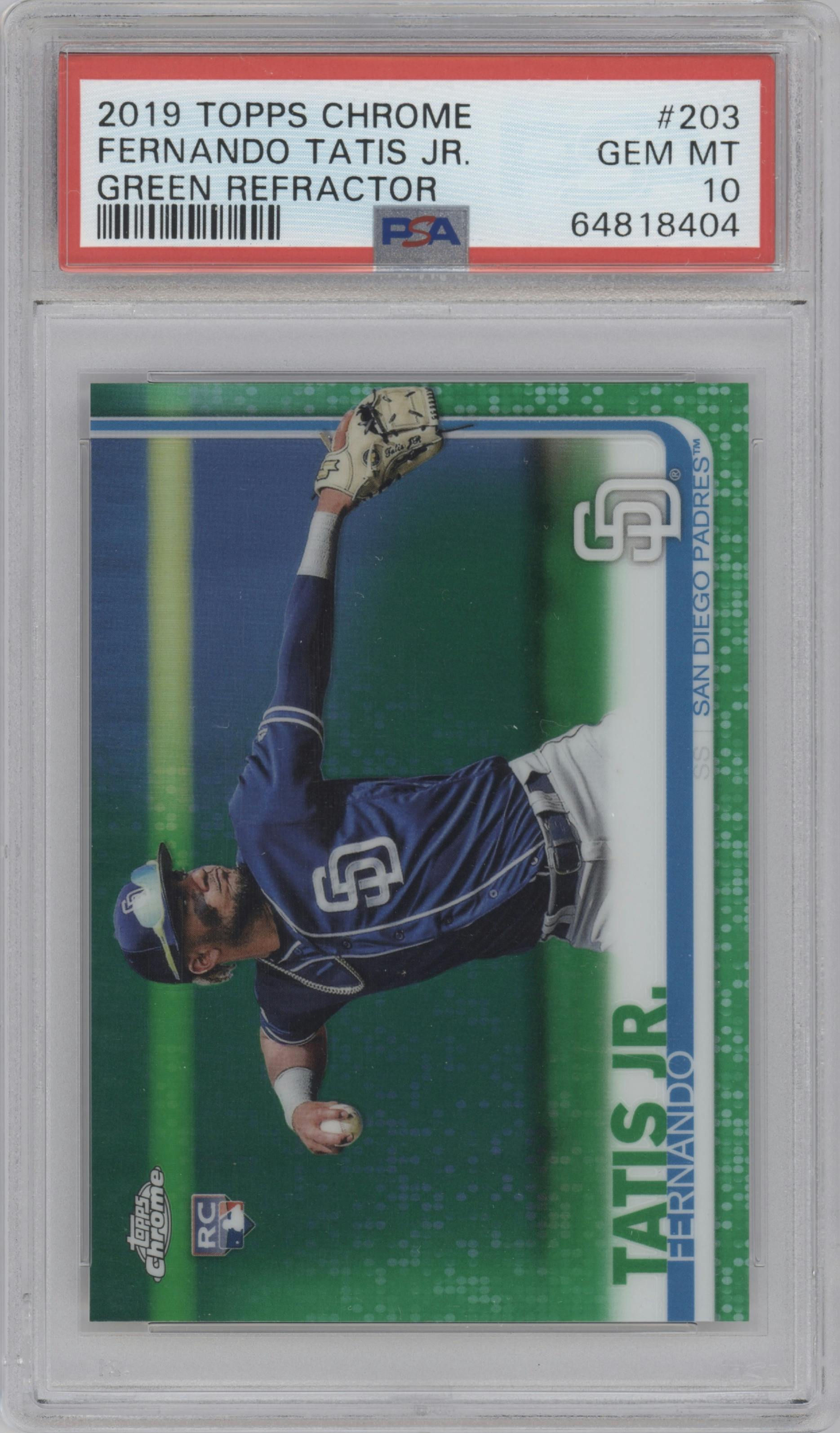 Fernando Tatis Jr. from the 2019 Topps Chrome set featuring a Green Refractor parallel graded by PSA and given an overall grade of 10.
