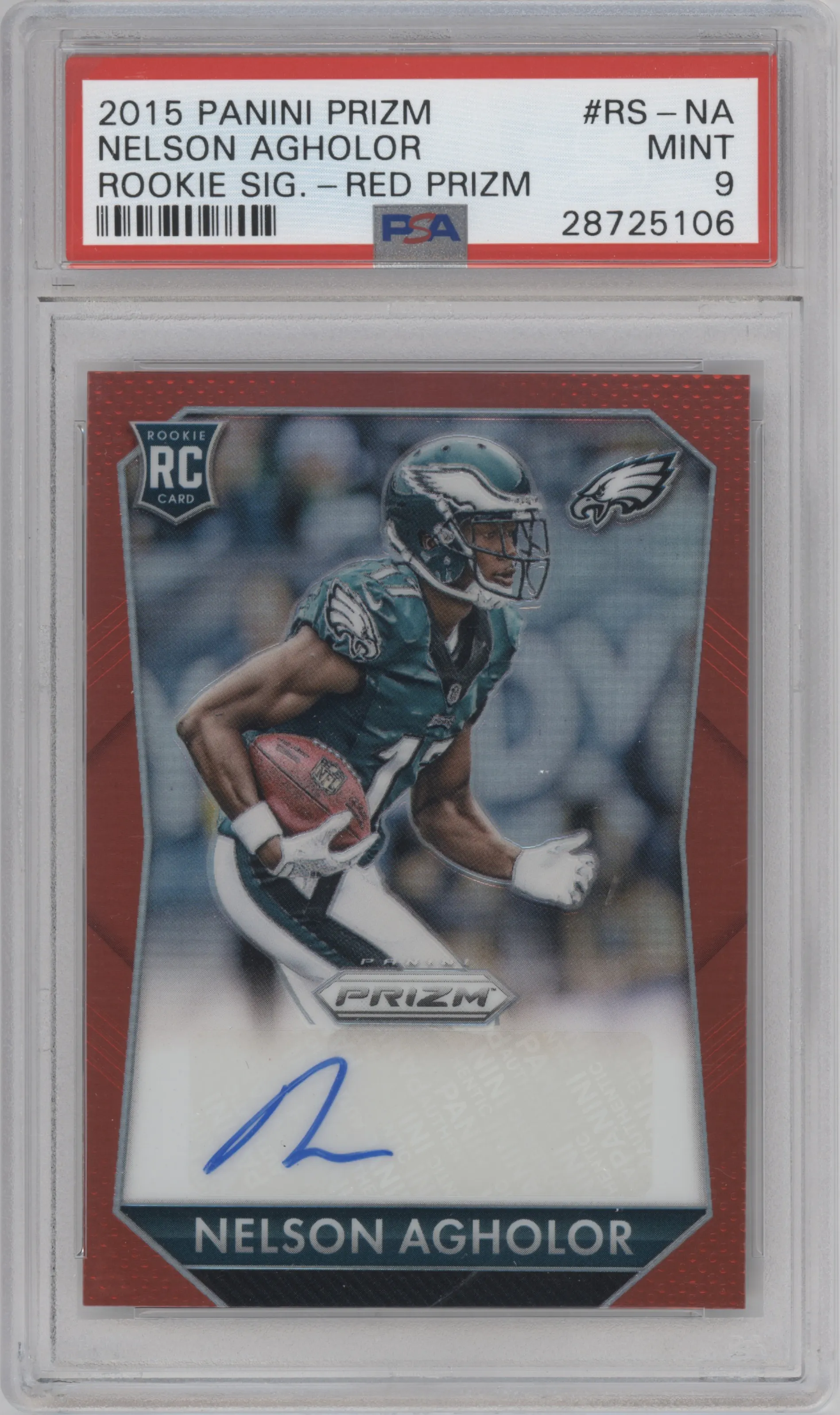 Nelson Agholor  from the 2015 Panini Prizm set featuring a Red Prizm parallel graded by PSA and given an overall grade of 9.
