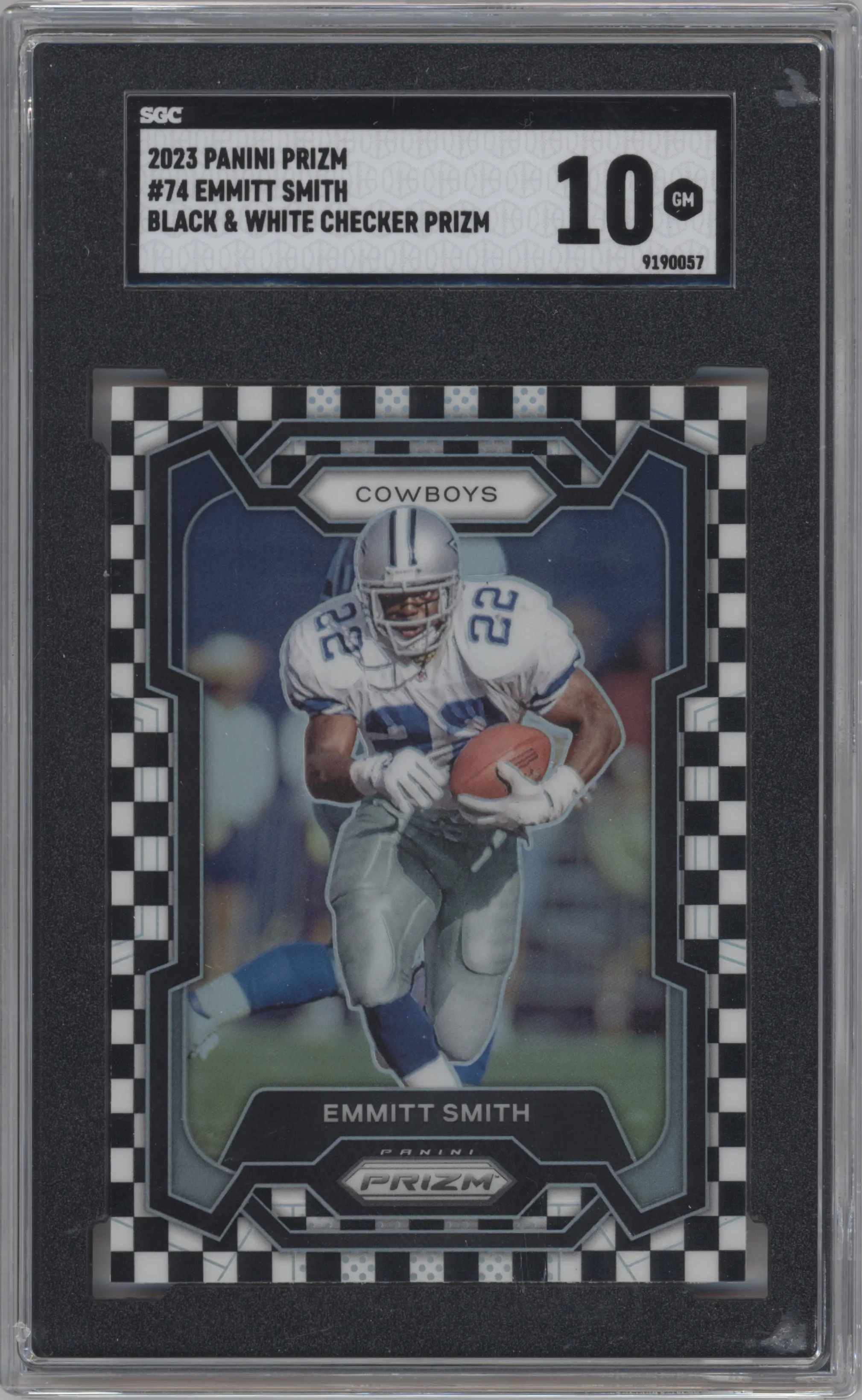 Emmitt Smith from the 2023 Panini Prizm set featuring a Black/White Checker parallel graded by SGC and given an overall grade of 10.