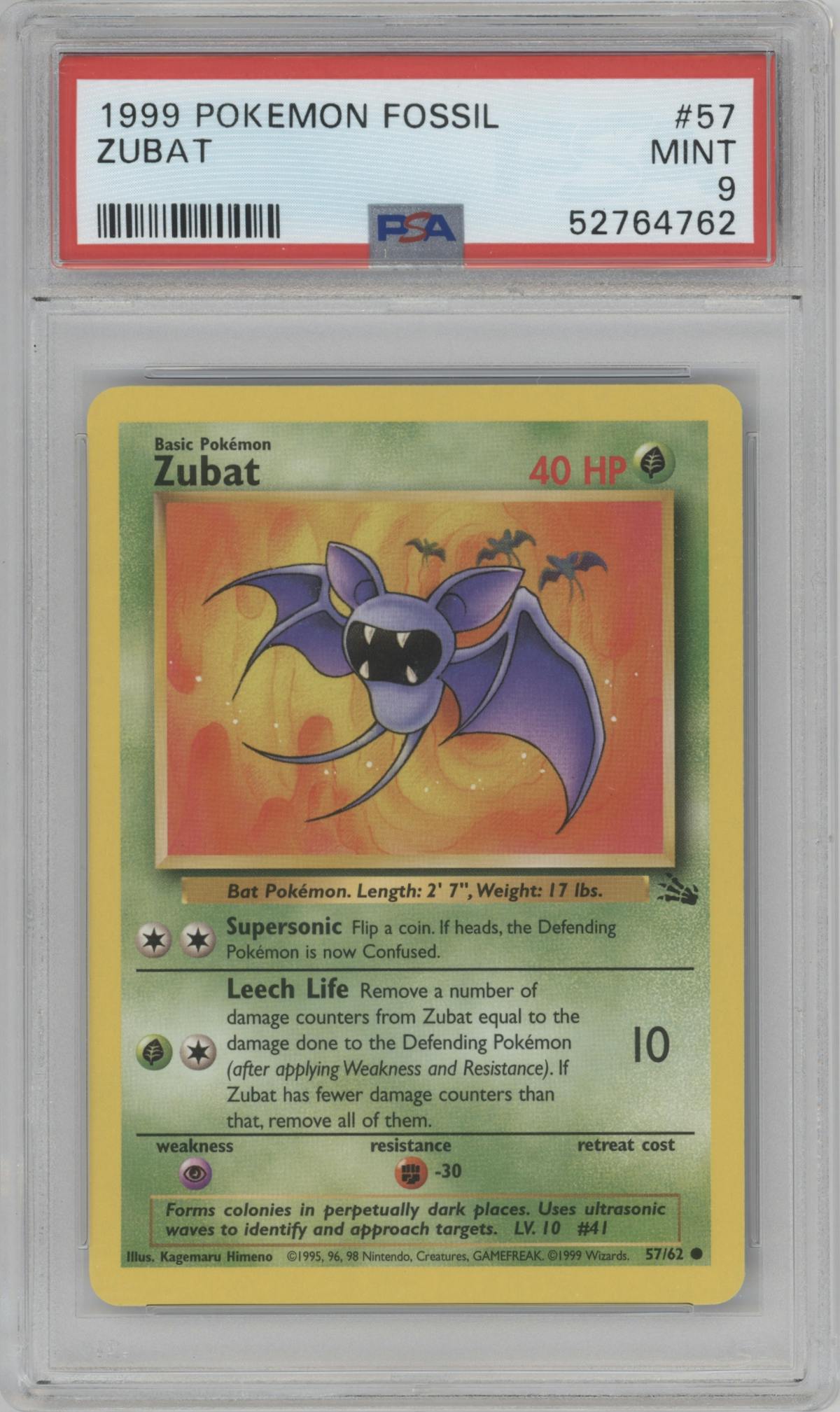 Zubat from the 1999 Pokemon set graded by PSA and given an overall grade of 9.