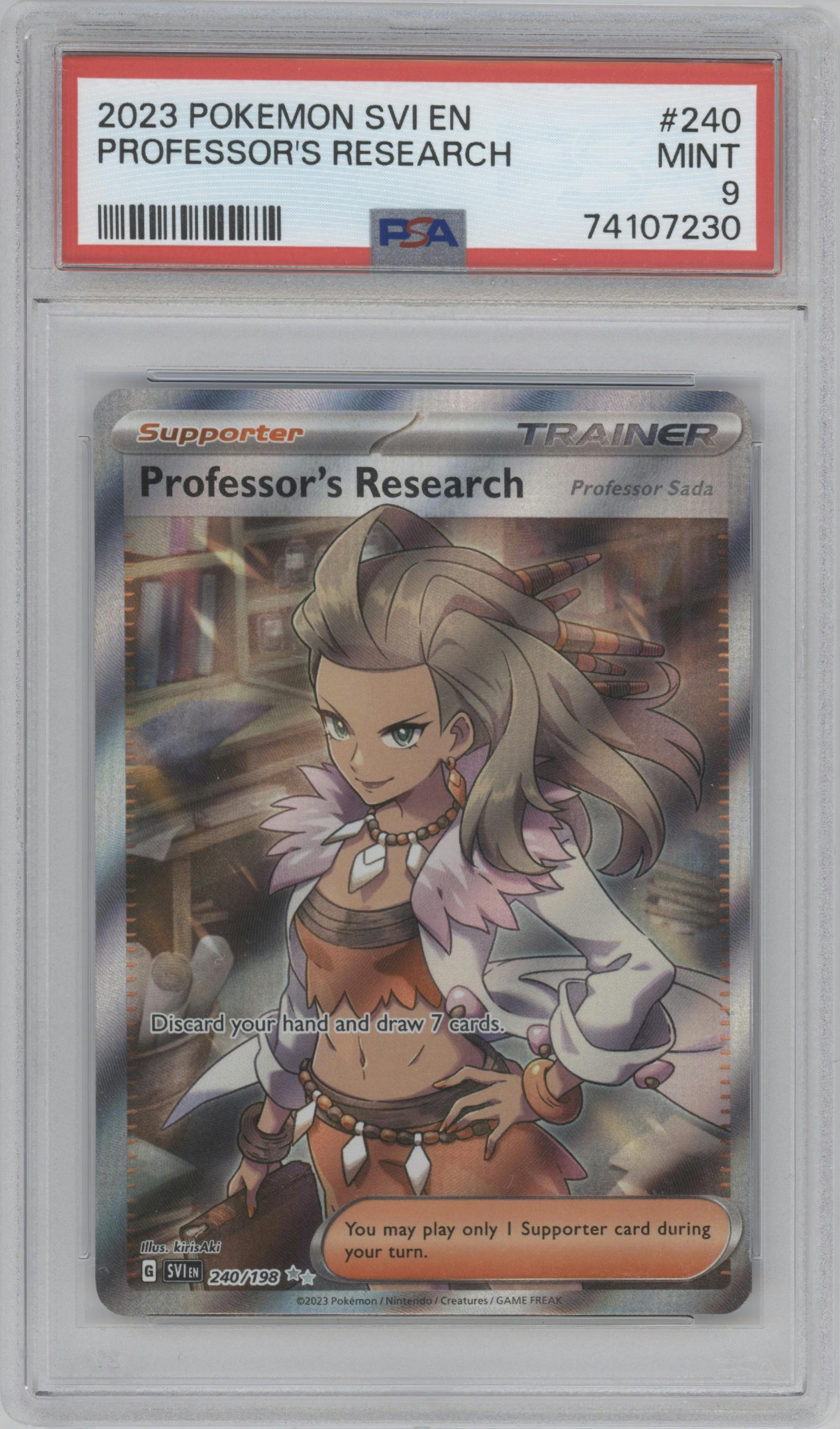 Professor's Research from the 2023 Pokemon SV set graded by PSA and given an overall grade of 9.