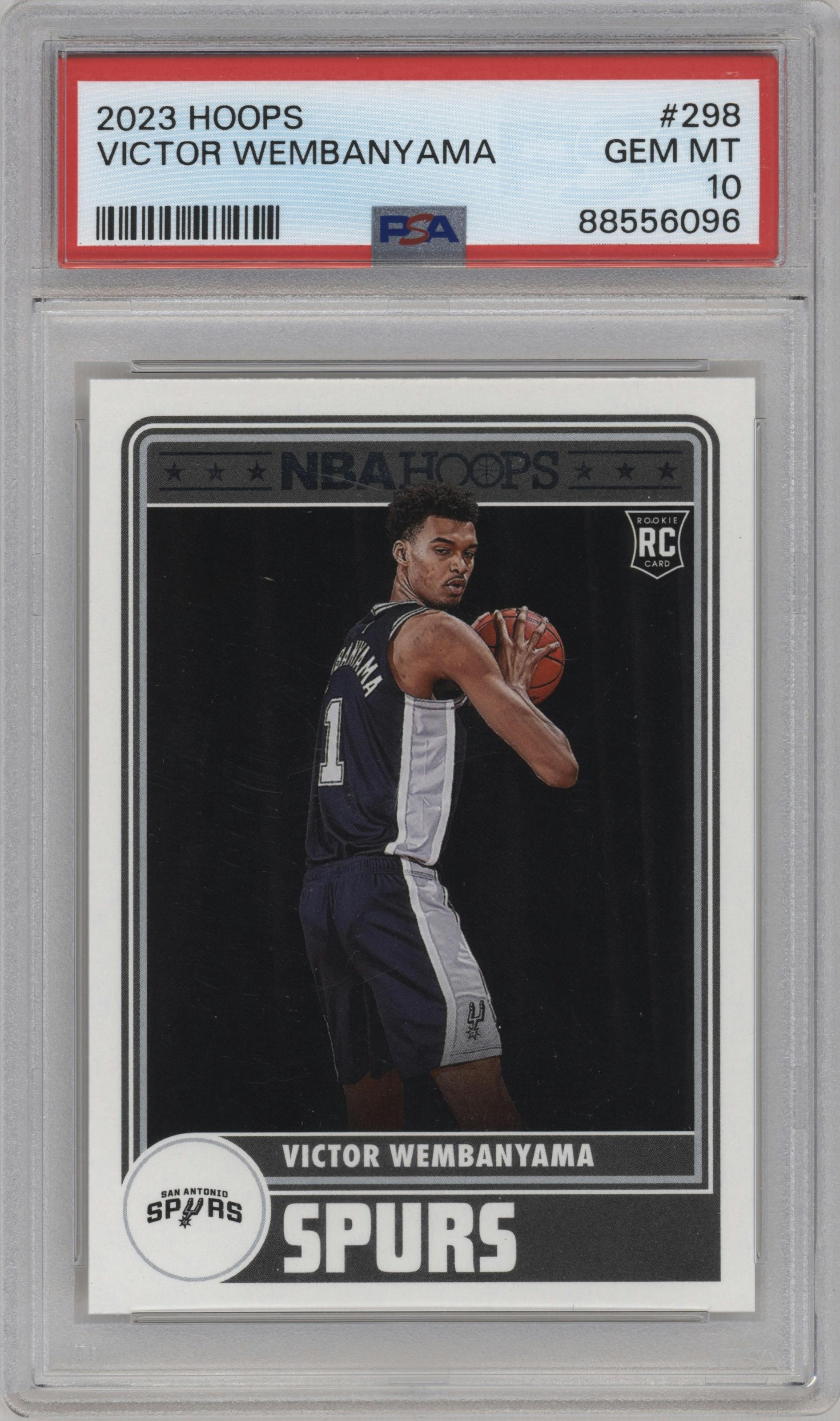 Victor Wembanyama from the 2023-24 Panini NBA Hoops set graded by PSA and given an overall grade of 10.