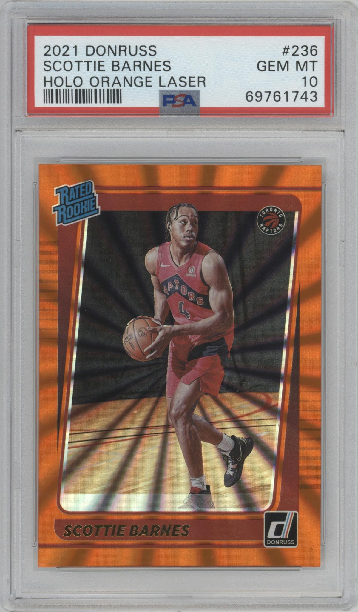 Scottie Barnes from the 2021-22 Panini Donruss set featuring a Orange Holo Laser parallel graded by PSA and given an overall grade of 10.
