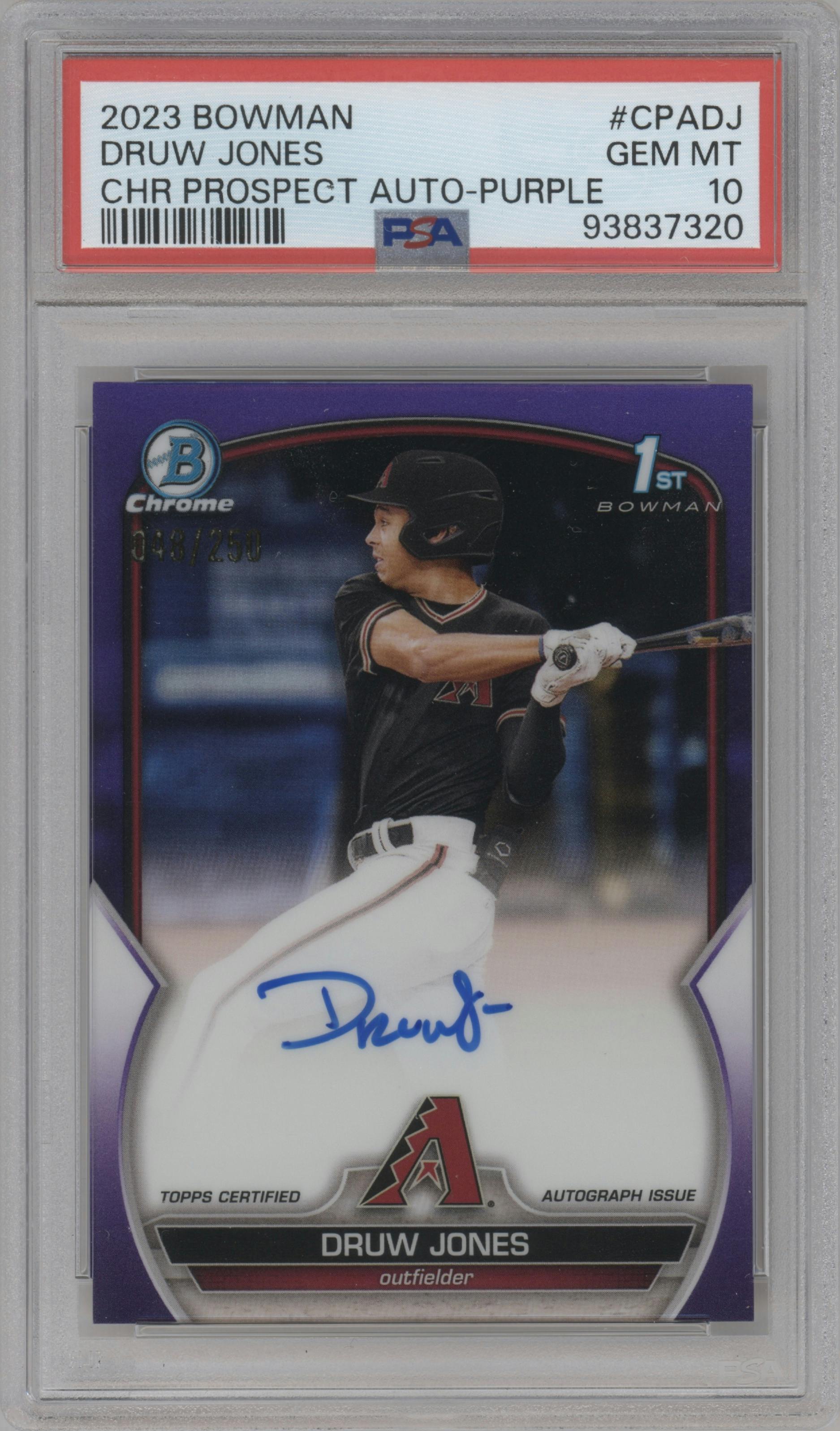 Druw Jones from the 2023 Bowman  set featuring a Purple Refractor  parallel graded by PSA and given an overall grade of 10.