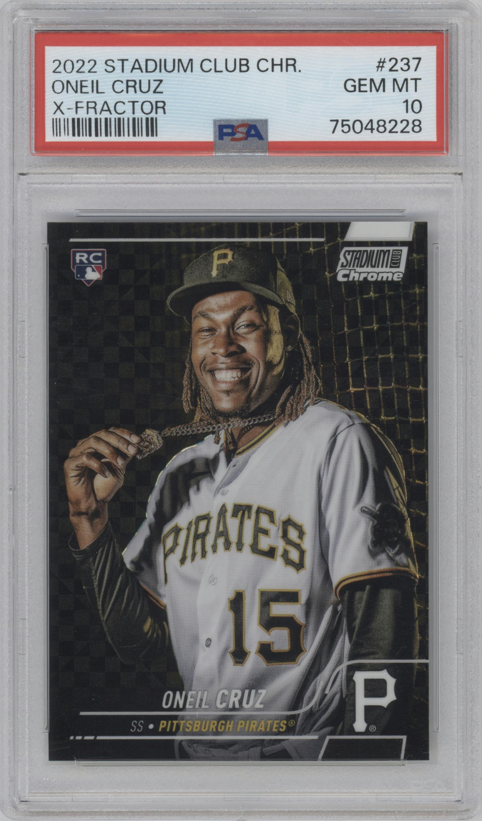 Oneil Cruz from the 2022 Stadium Club Chrome set featuring a X-Fractor parallel graded by PSA and given an overall grade of 10.