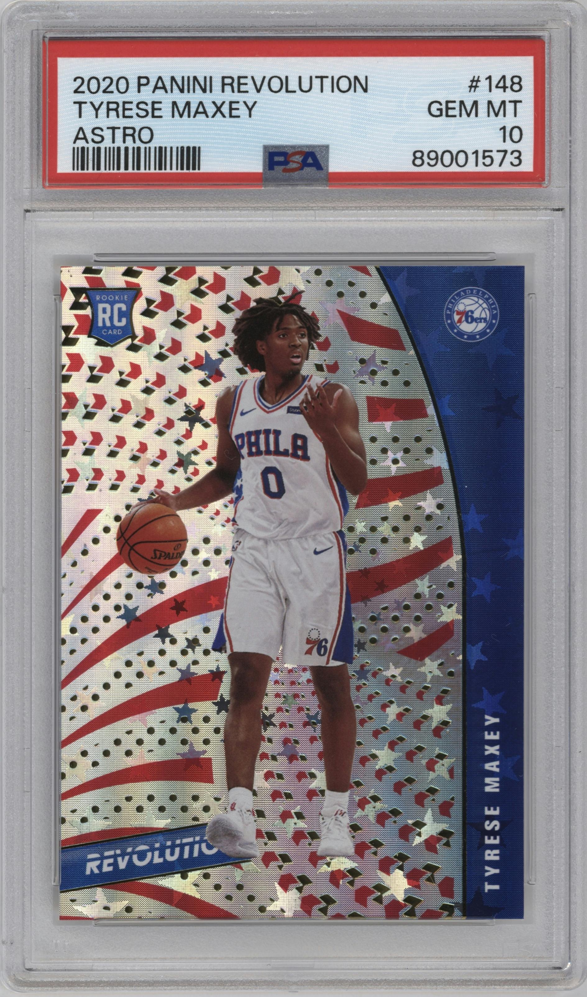 Tyrese Maxey from the 2020-21 Panini Revolution set featuring a Astro parallel graded by PSA and given an overall grade of 10.