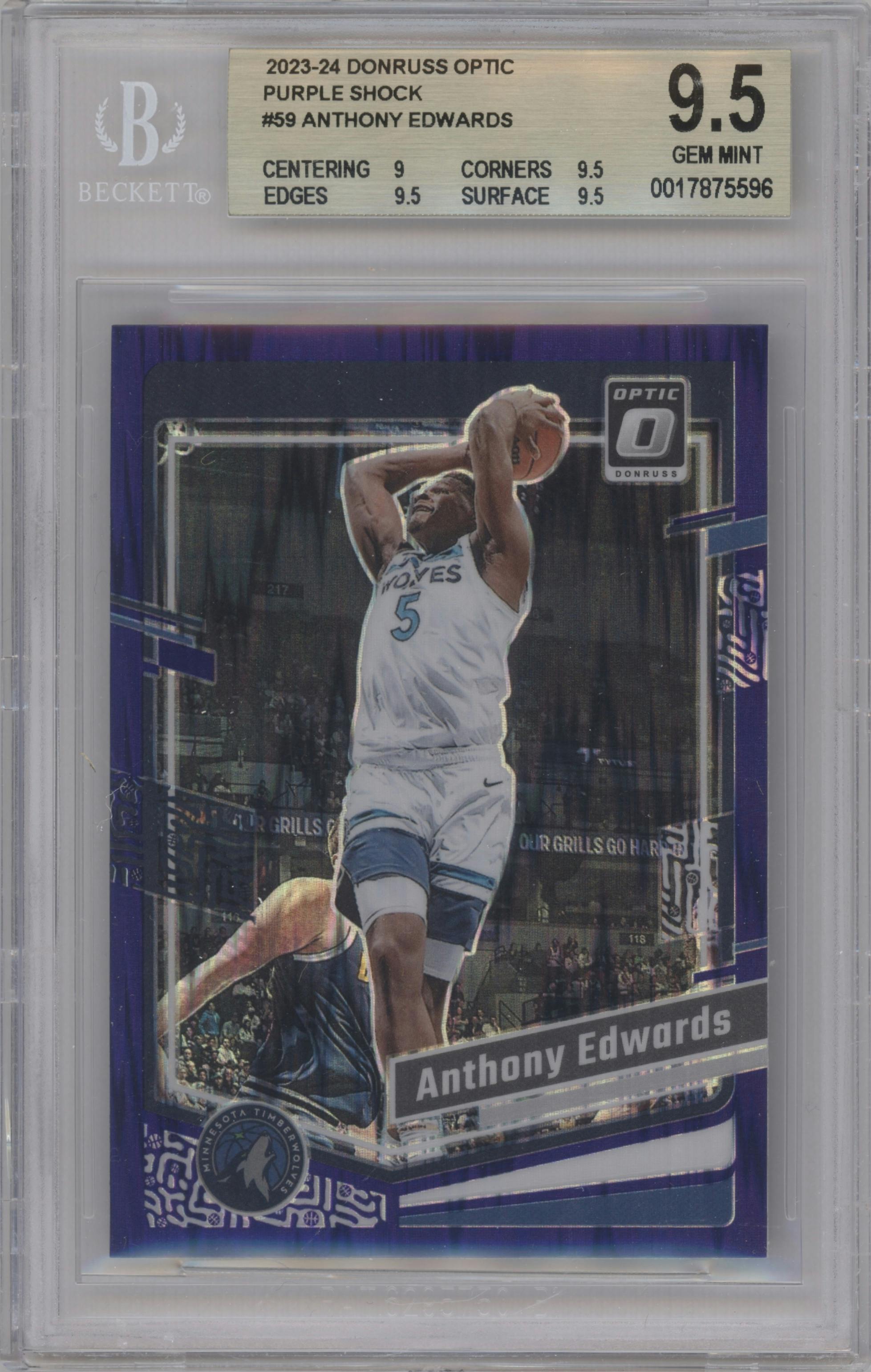  Anthony Edwards from the 2023-24 Donruss Optic set featuring a Purple Shock parallel graded by Beckett and given an overall grade of 9.5.