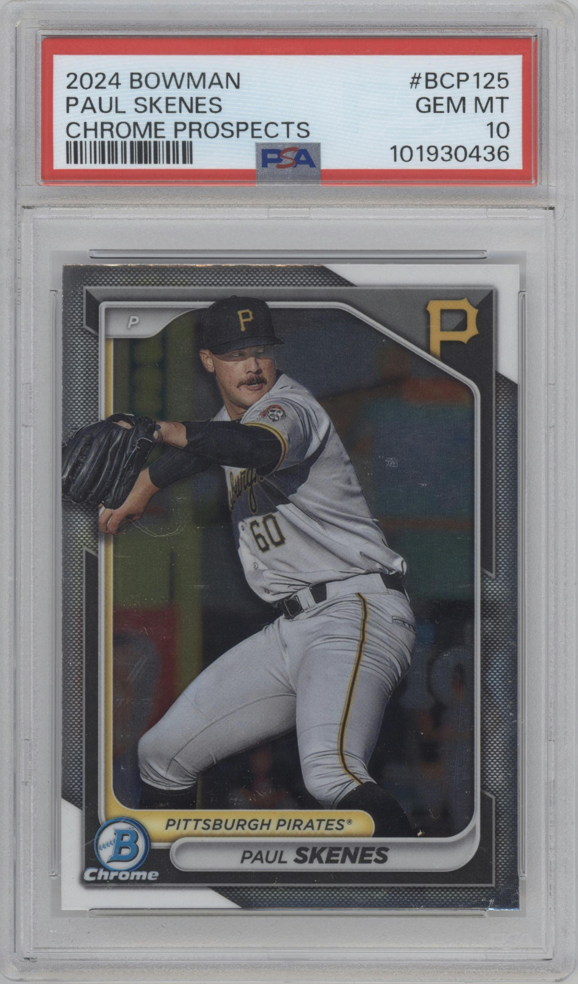 Paul Skenes from the 2024 Bowman set graded by PSA and given an overall grade of 10.