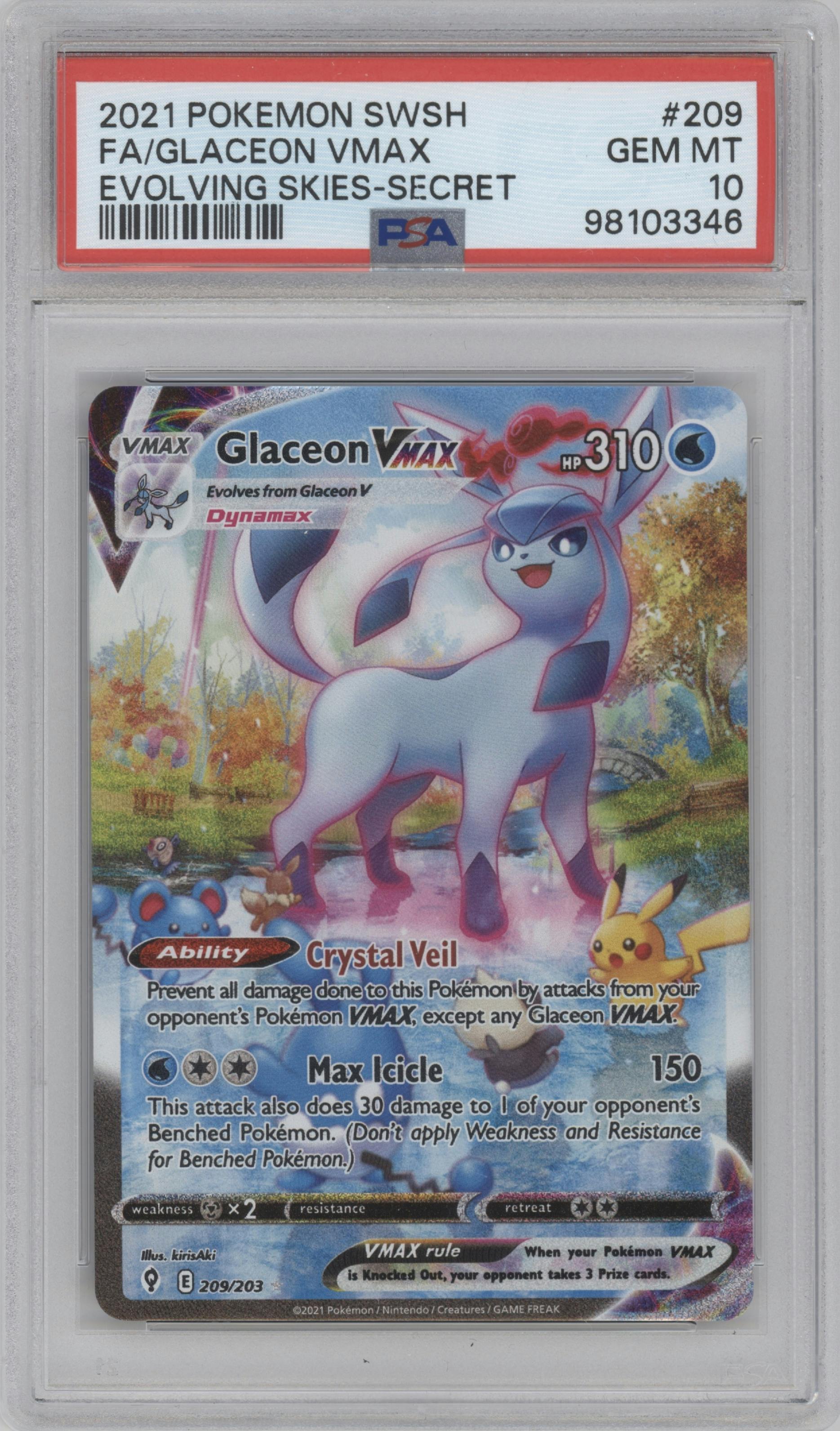 Glaceon VMAX from the 2021 Pokemon SWSH set graded by PSA and given an overall grade of 10.