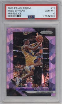 Kobe Bryant from the 2018-19 Panini Prizm set featuring a Purple Ice parallel graded by PSA and given an overall grade of 10.