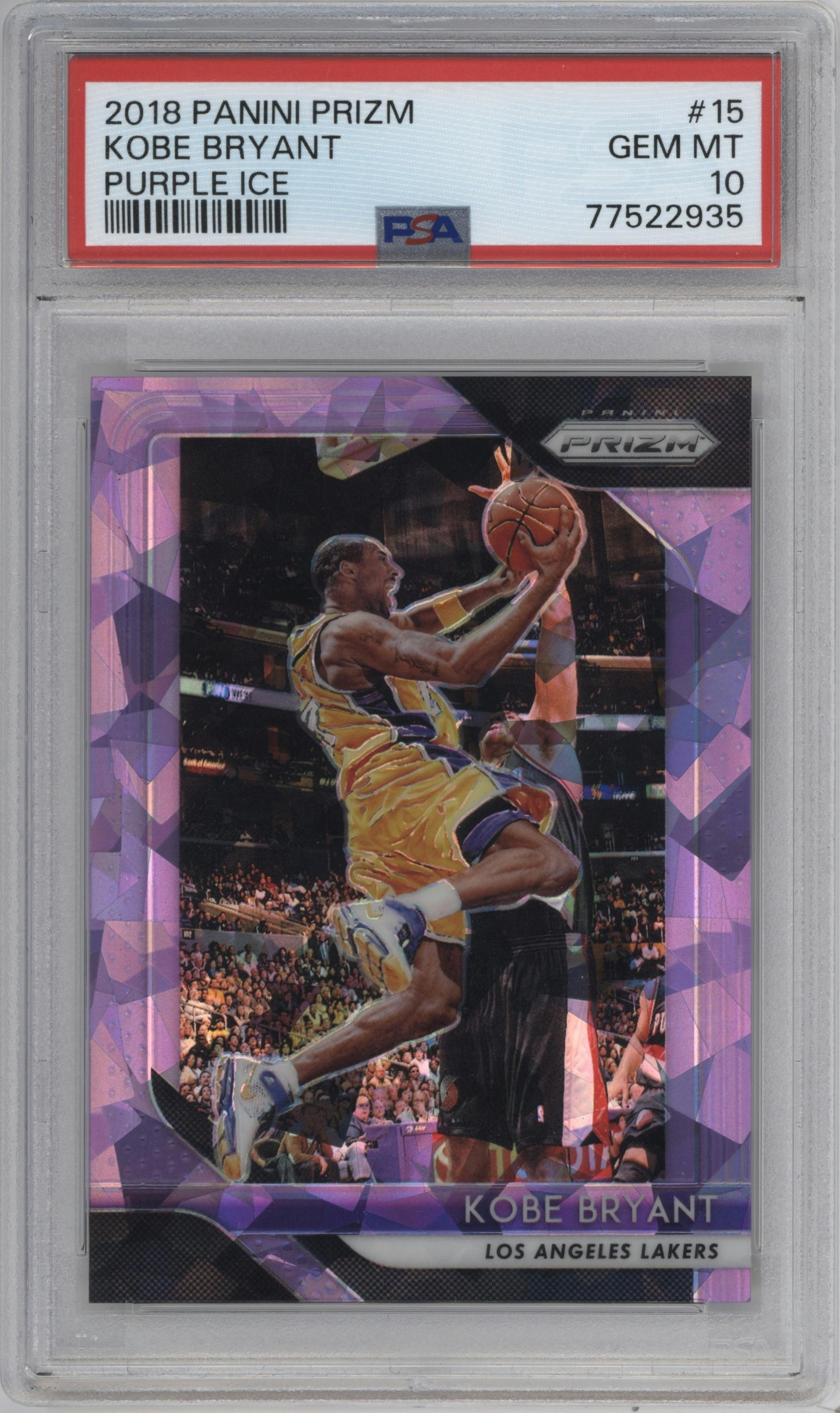 Kobe Bryant from the 2018-19 Panini Prizm set featuring a Purple Ice parallel graded by PSA and given an overall grade of 10.