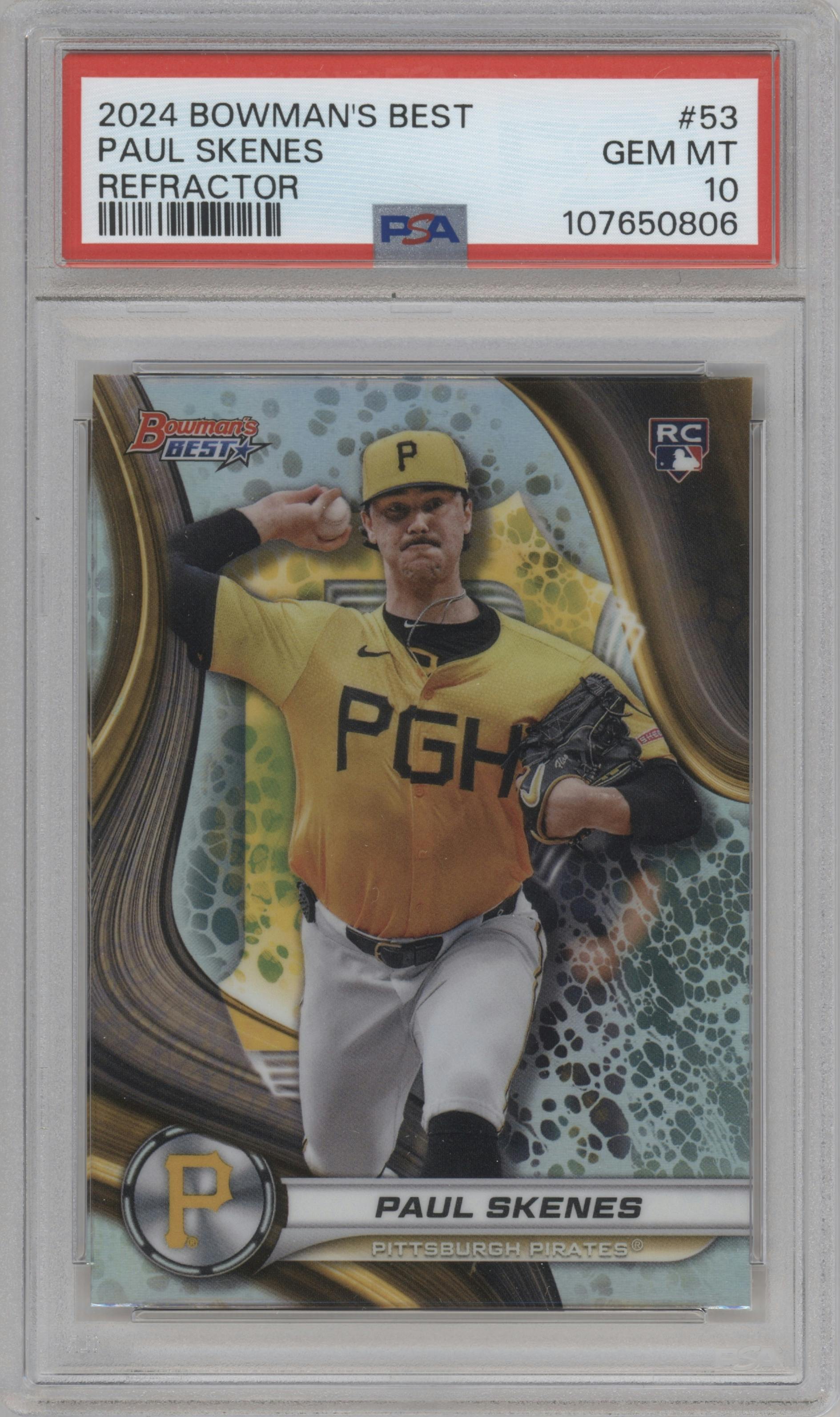 Paul Skenes from the 2024 Bowman's Best set featuring a Refractor parallel graded by PSA and given an overall grade of 10.