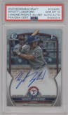 Wyatt Langford from the 2023 Bowman Draft set featuring a Refractor parallel graded by PSA and given an overall grade of 10.