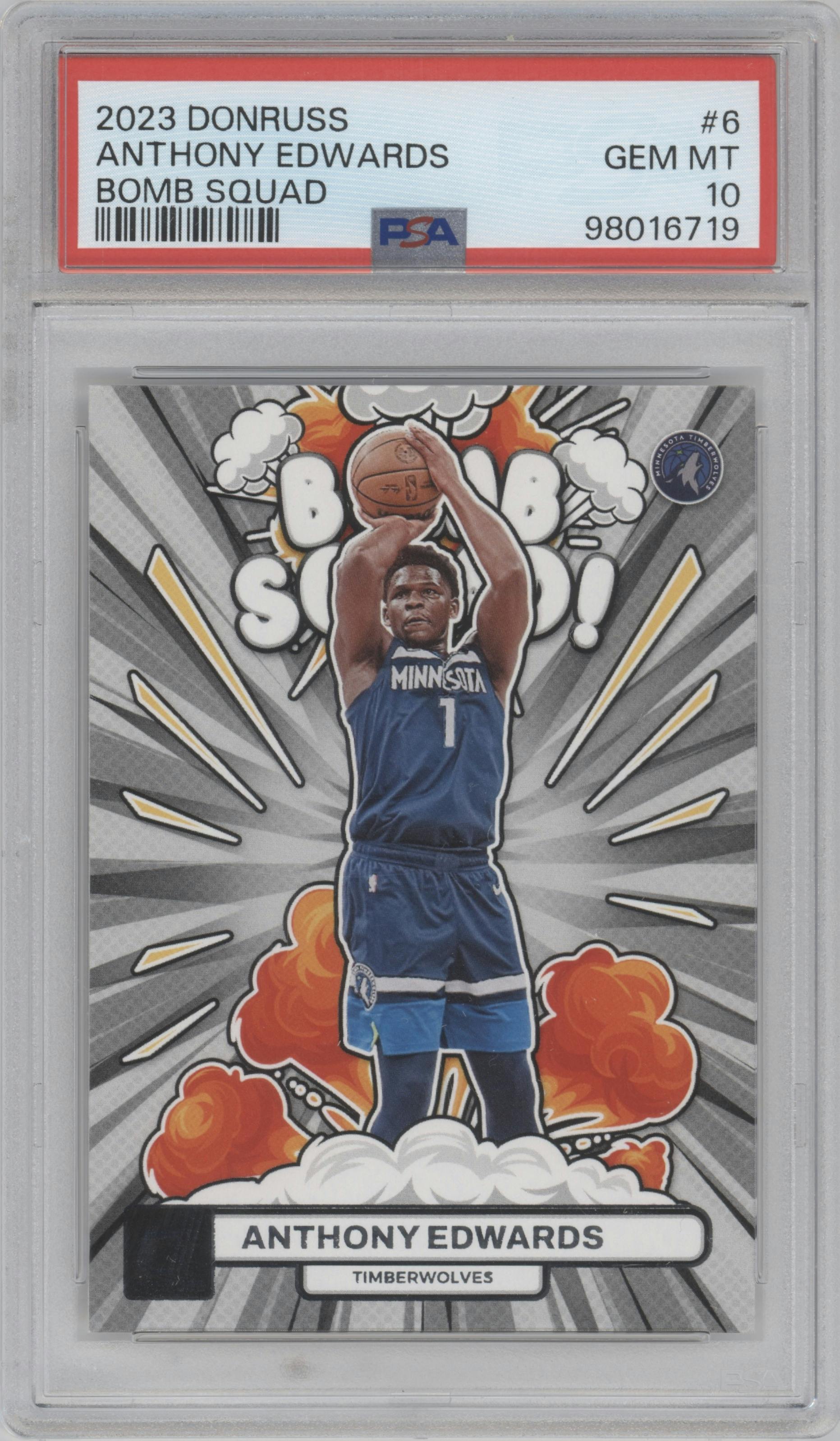 Anthony Edwards from the 2023-24 Panini Donruss set graded by PSA and given an overall grade of 10.
