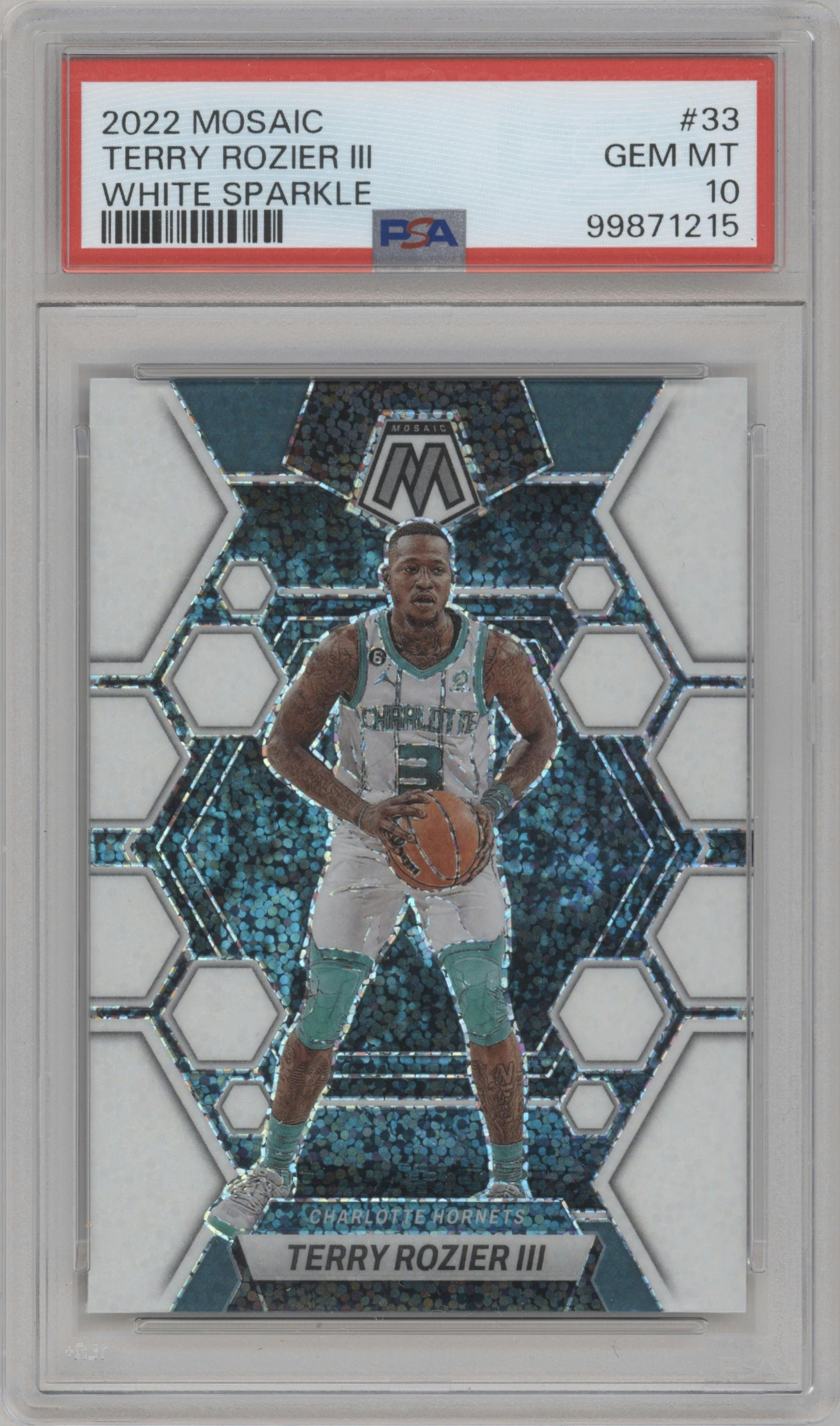 Terry Rozier III from the 2022-23 Panini Mosaic set featuring a White Sparkle parallel graded by PSA and given an overall grade of 10.