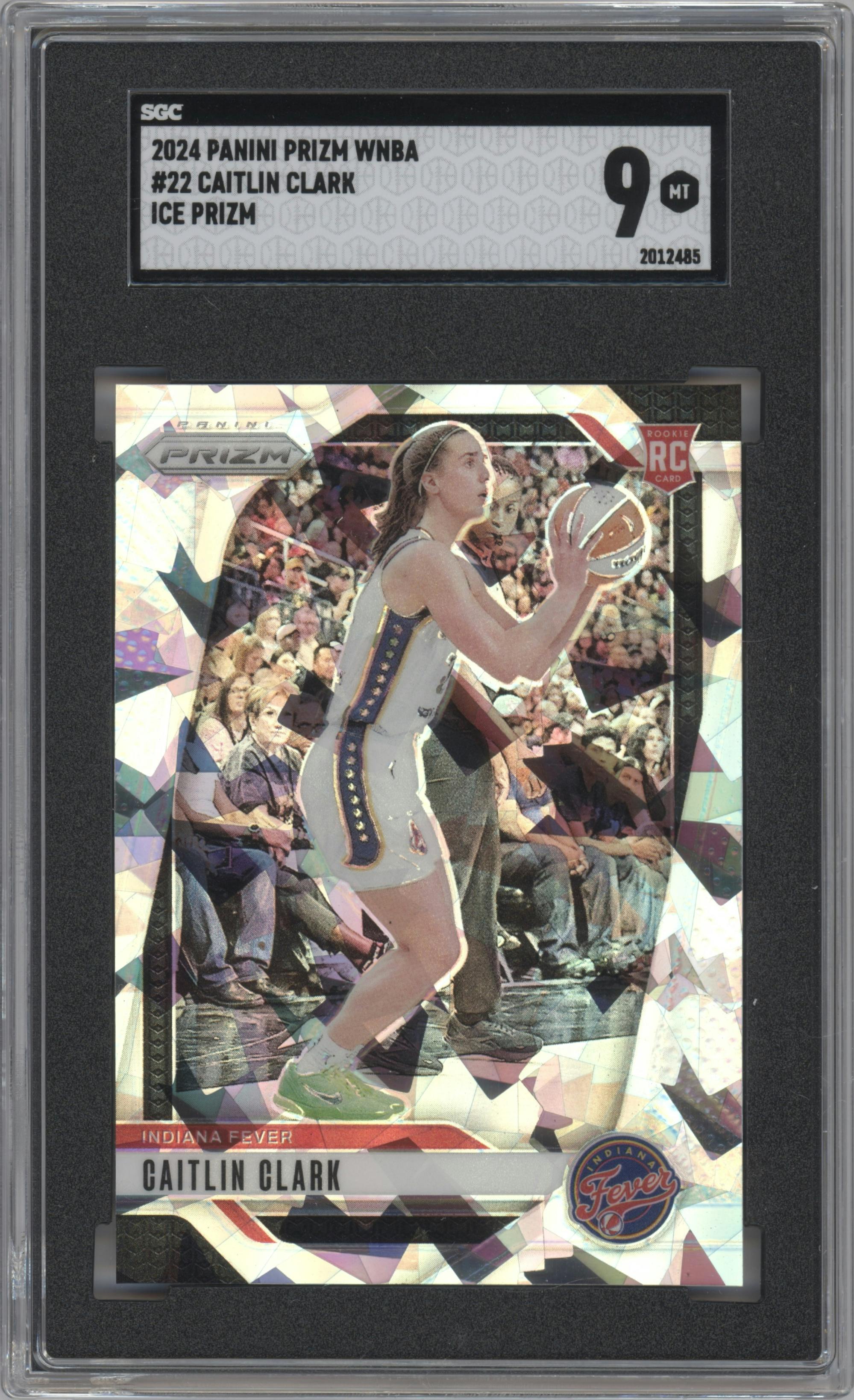Caitlin Clark from the 2024 Panini Prizm WNBA set featuring a Ice Prizm parallel graded by SGC and given an overall grade of 9.